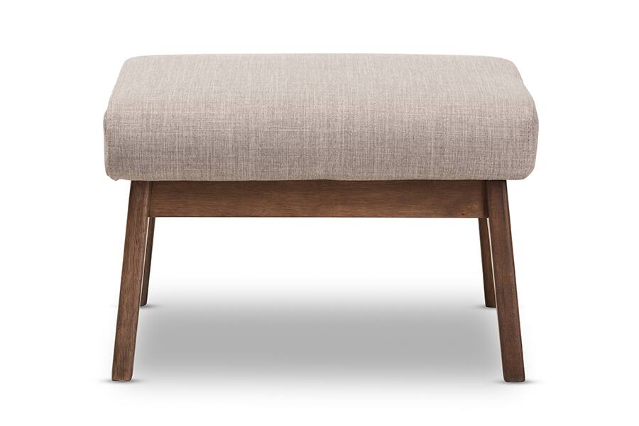Angle. Baxton Studio - Bianca Mid-Century Modern Walnut Wood Fabric Ottoman - Light Grey/"Walnut" Brown.