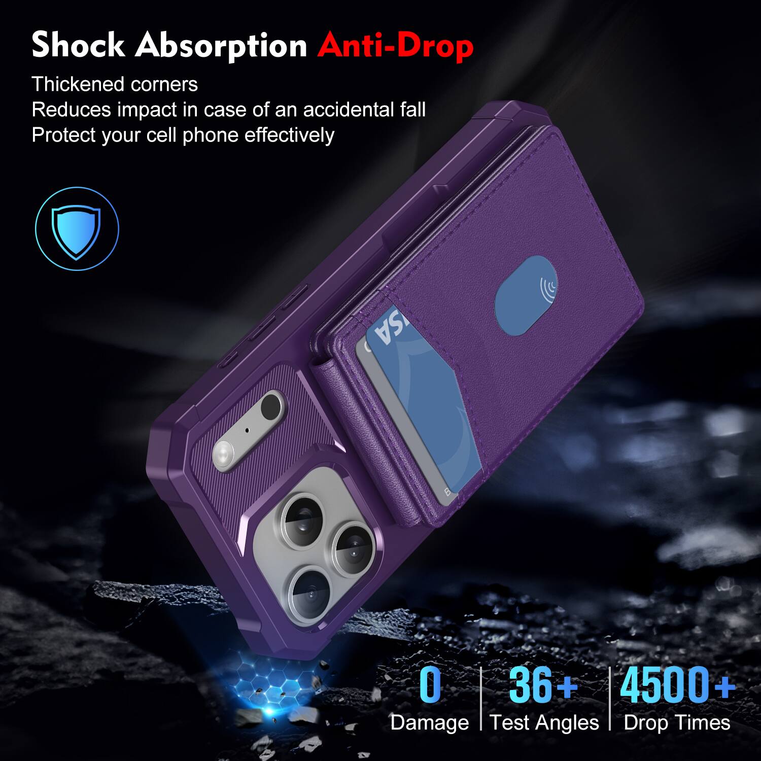 Shock Absorption Anti-Drop  
Thickened corners  
Reduces impact in case of an accidental fall  
Protect your cell phone effectively  

0 Damage  
36+ Test Angles  
4500+ Drop Times