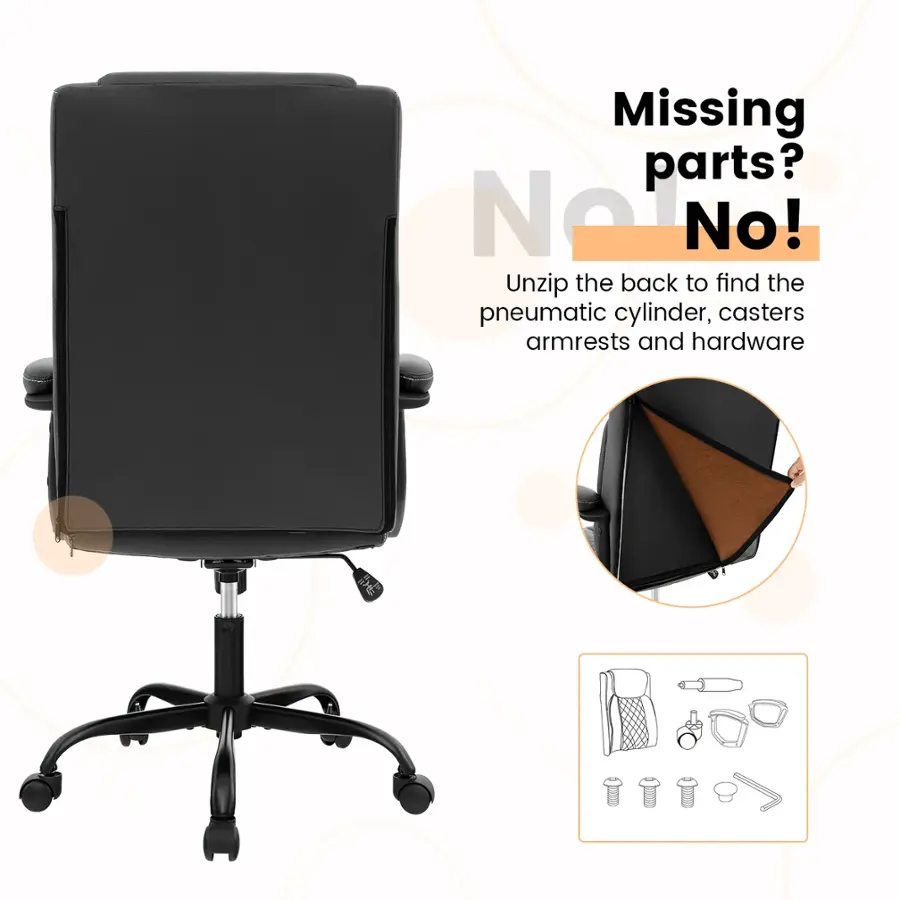 Missing parts? No! Unzip the back to find the pneumatic cylinder, casters, armrests, and hardware.