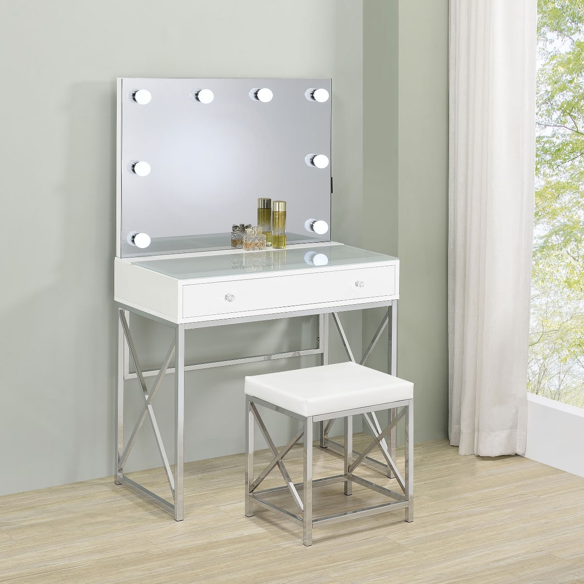 Loheer - Makeup Vanity Set with Mirror and Stool, Lighted Globe Mirror and Drawer - White