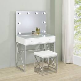 Loheer - Makeup Vanity Set with Mirror and Stool, Lighted Globe Mirror and Drawer - White