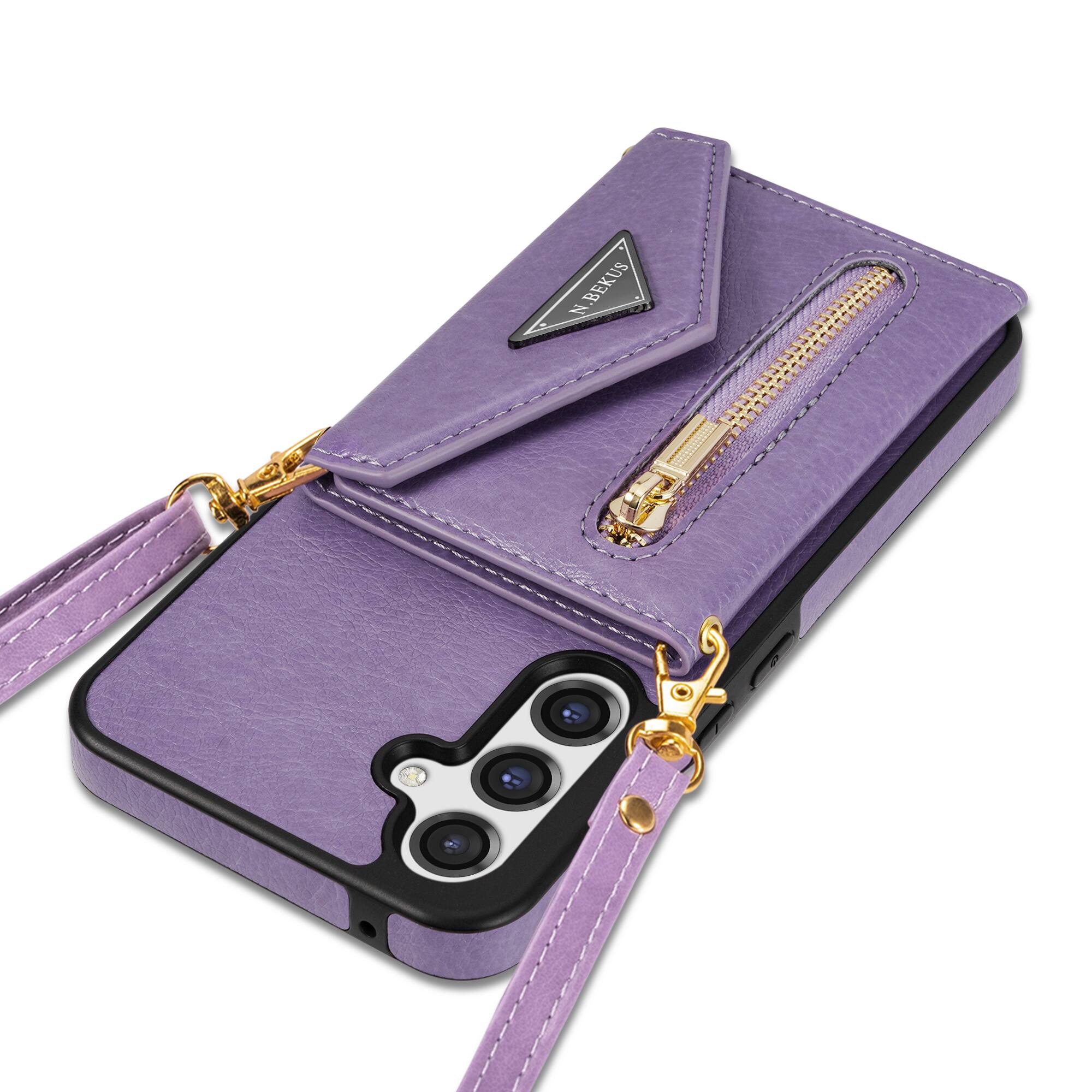 Alt View 5. Dteck - Crossbody Wallet Case for Samsung Galaxy S26+, Shockproof PU Leather Stand Cover with Zipper Pocket and Card Slots - Purple.