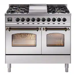 ILVE - Nostalgie II Series 40 in. Dual Fuel Range with 6 Sealed Burners + Griddle (Natural Gas, Burnished Trim) - Stainless Steel