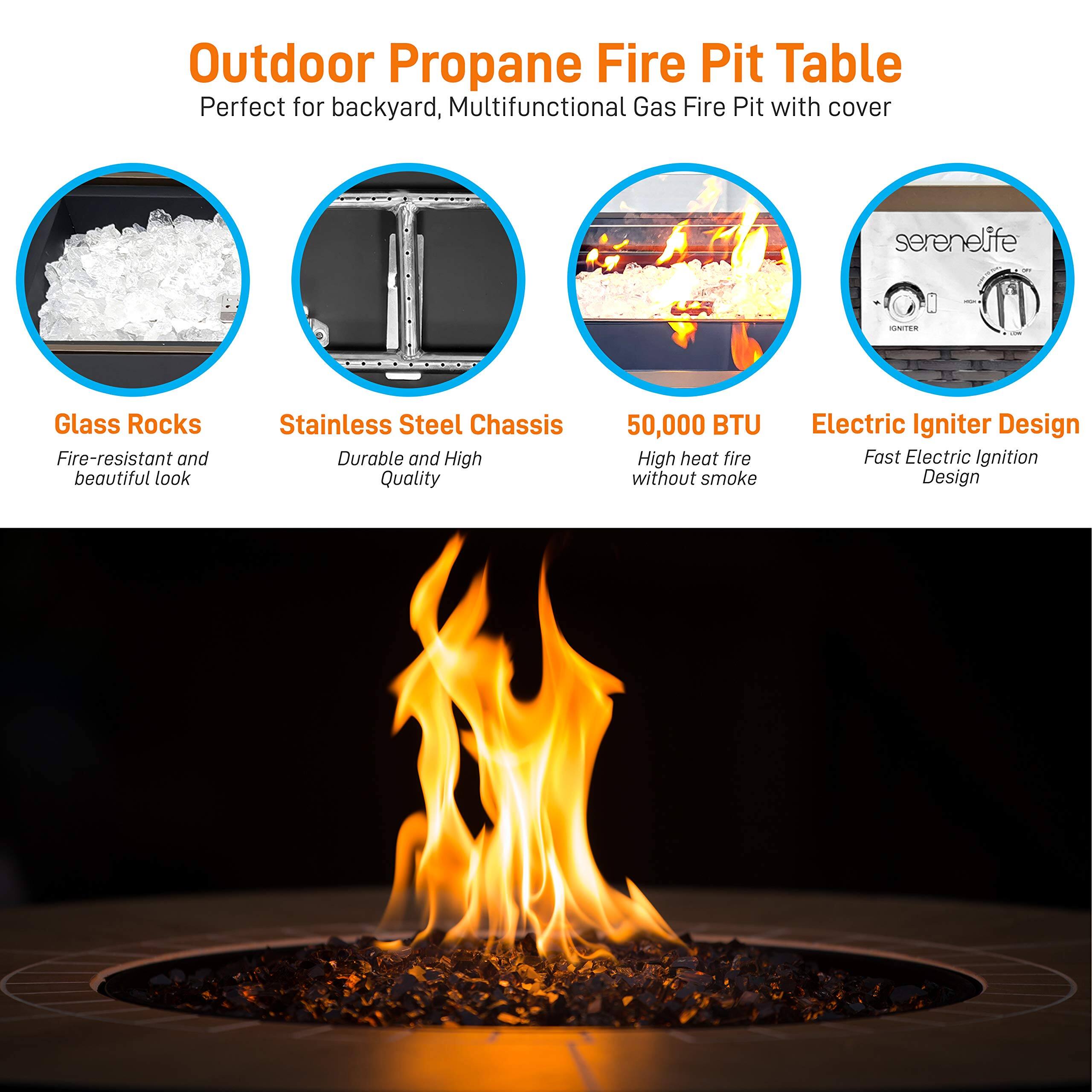 Outdoor Propane Fire Pit Table  
Perfect for backyard, Multifunctional Gas Fire Pit with cover  

- Glass Rocks: Fire-resistant and beautiful look  
- Stainless Steel Chassis: Durable and High Quality  
- 50,000 BTU: High heat fire without smoke  
- Electric Igniter Design: Fast Electric Ignition Design