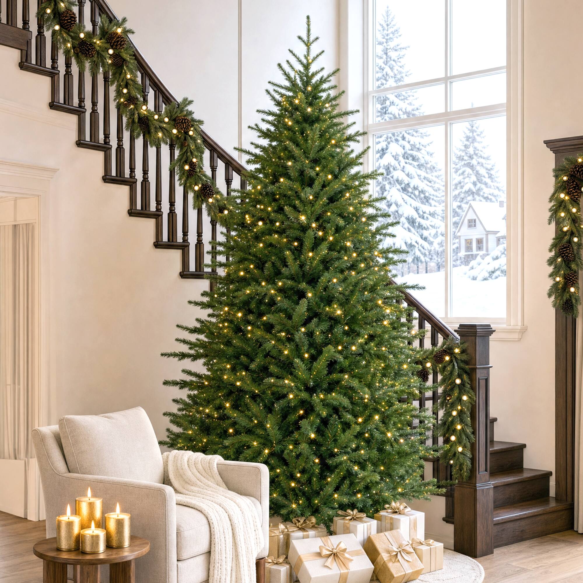 Left. Glitzhome - 7ft Pre-Lit Full Fir Artificial Christmas Tree with 460 RGB Lights - Green.