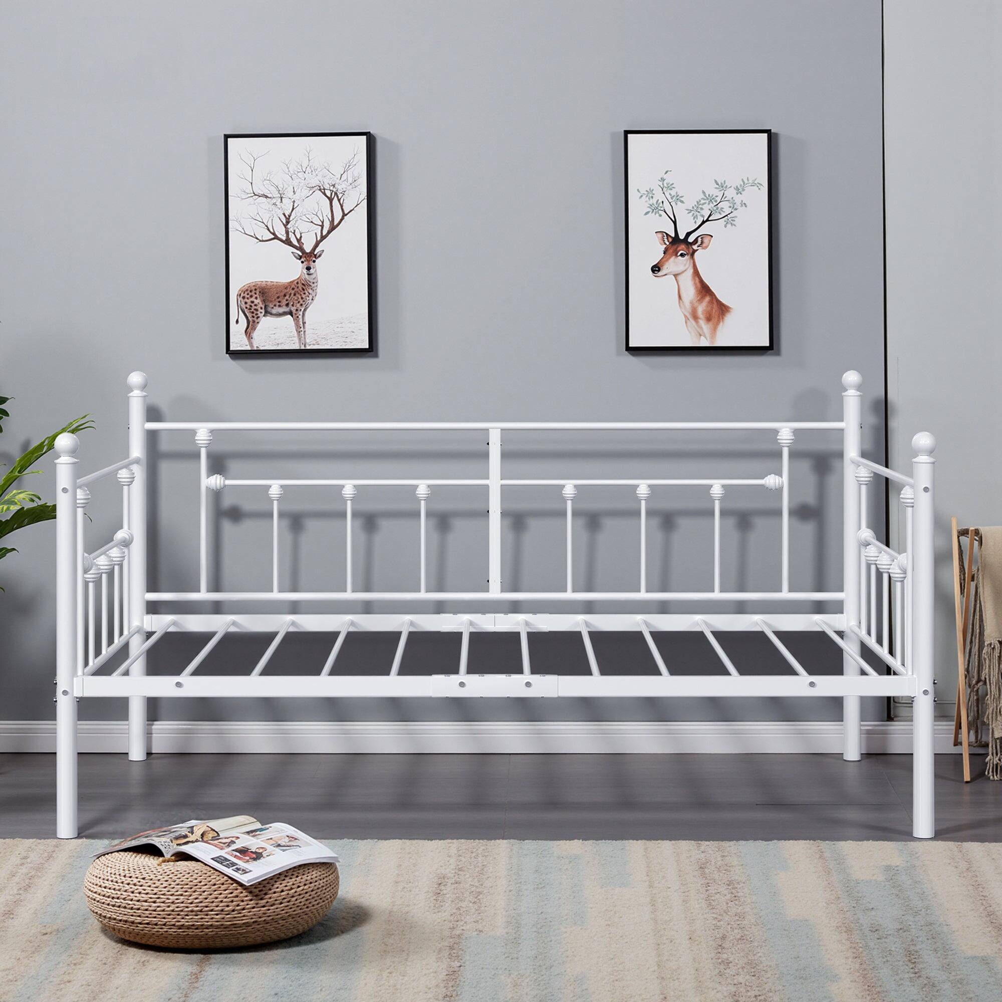 Left. Vecelo - Metal Twin Size Daybed Frame with Slats, Headboard & 12.6" Storage Space for Bedroom Guest Room or Living Room - White.