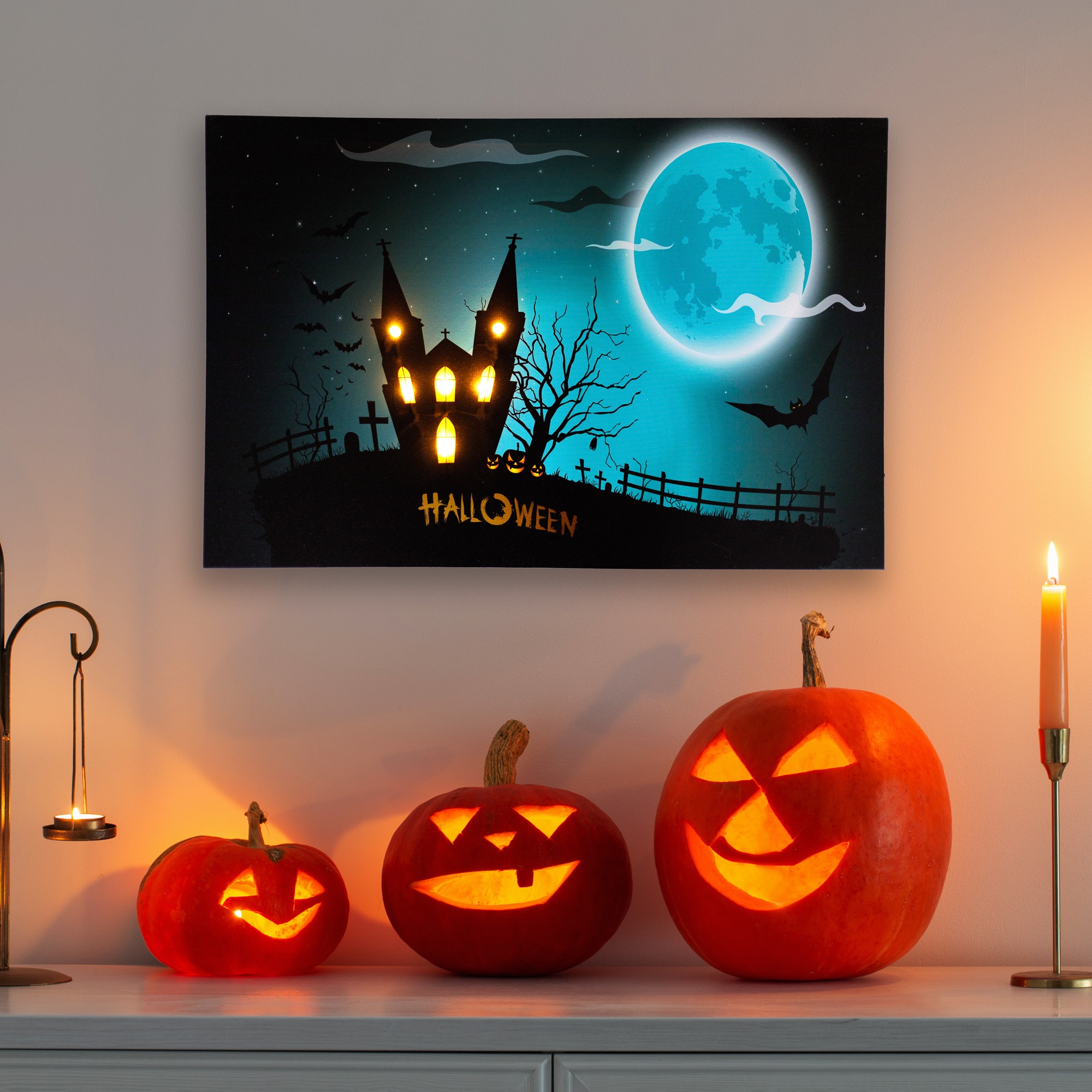 Northlight - LED Lighted Eerie Church in Cemetery Halloween Canvas Wall Art - 23.5" x 15.5" - Green