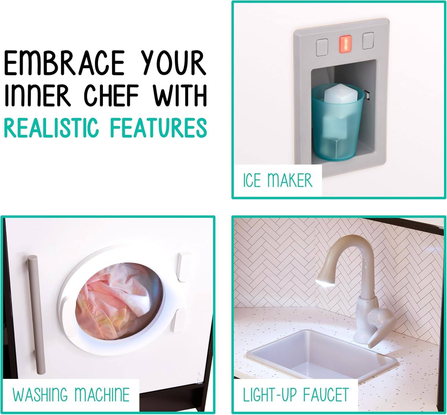 Embrace your inner chef with realistic features: Ice maker, washing machine, light-up faucet.