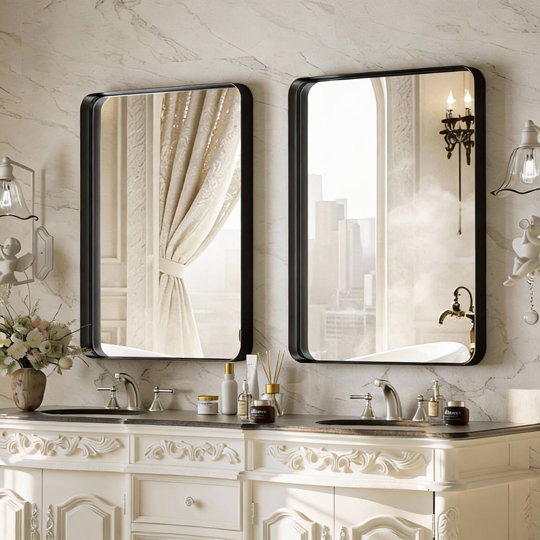 Alt View 2. METALTON - Bathroom Mirror Gorgeous Deep Frame Wall Modern Round Corner Vanity For Bedroom Living Room Hanging Or Lean - Gold 32"L x 24"W.