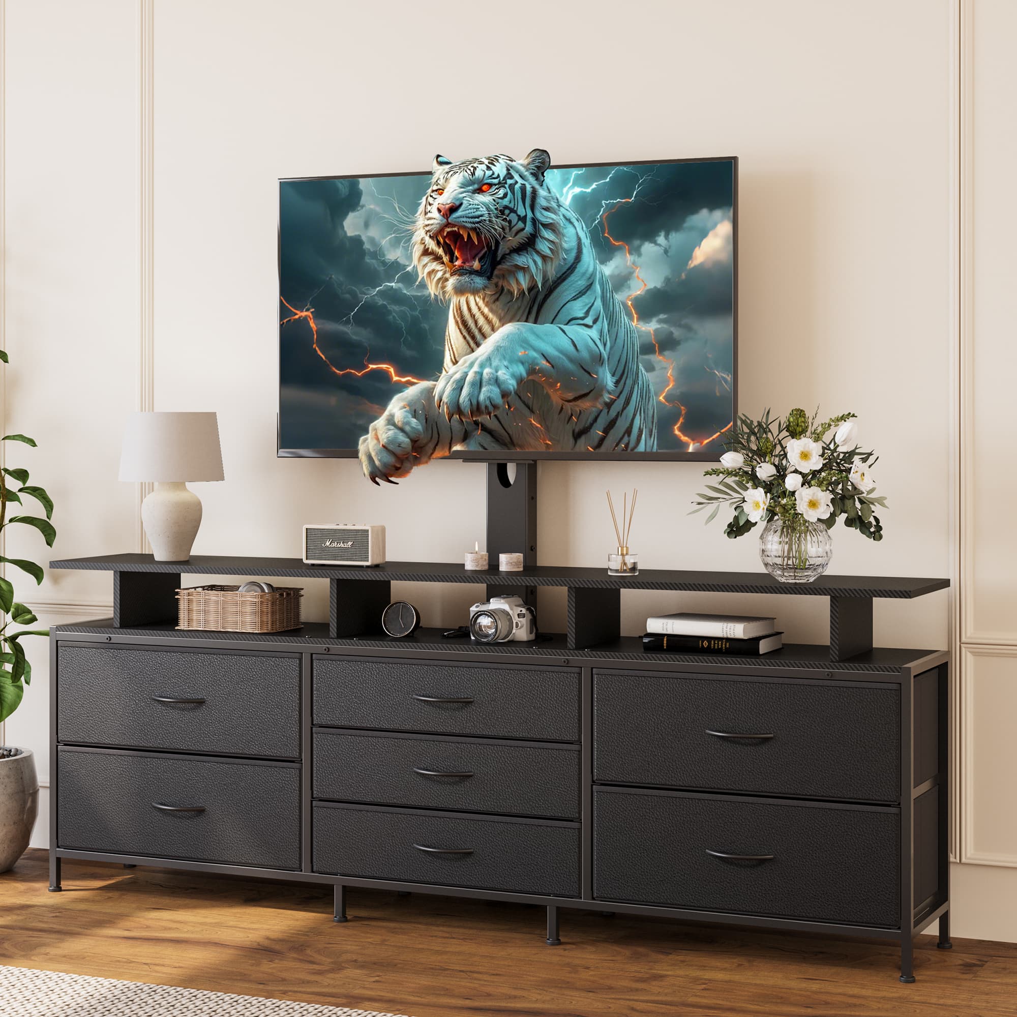 HAUSOURCE - 63" Entertainment Center Media Console Table with 7 Drawers Height Adjustable Mount Dresser TV Stand - Black