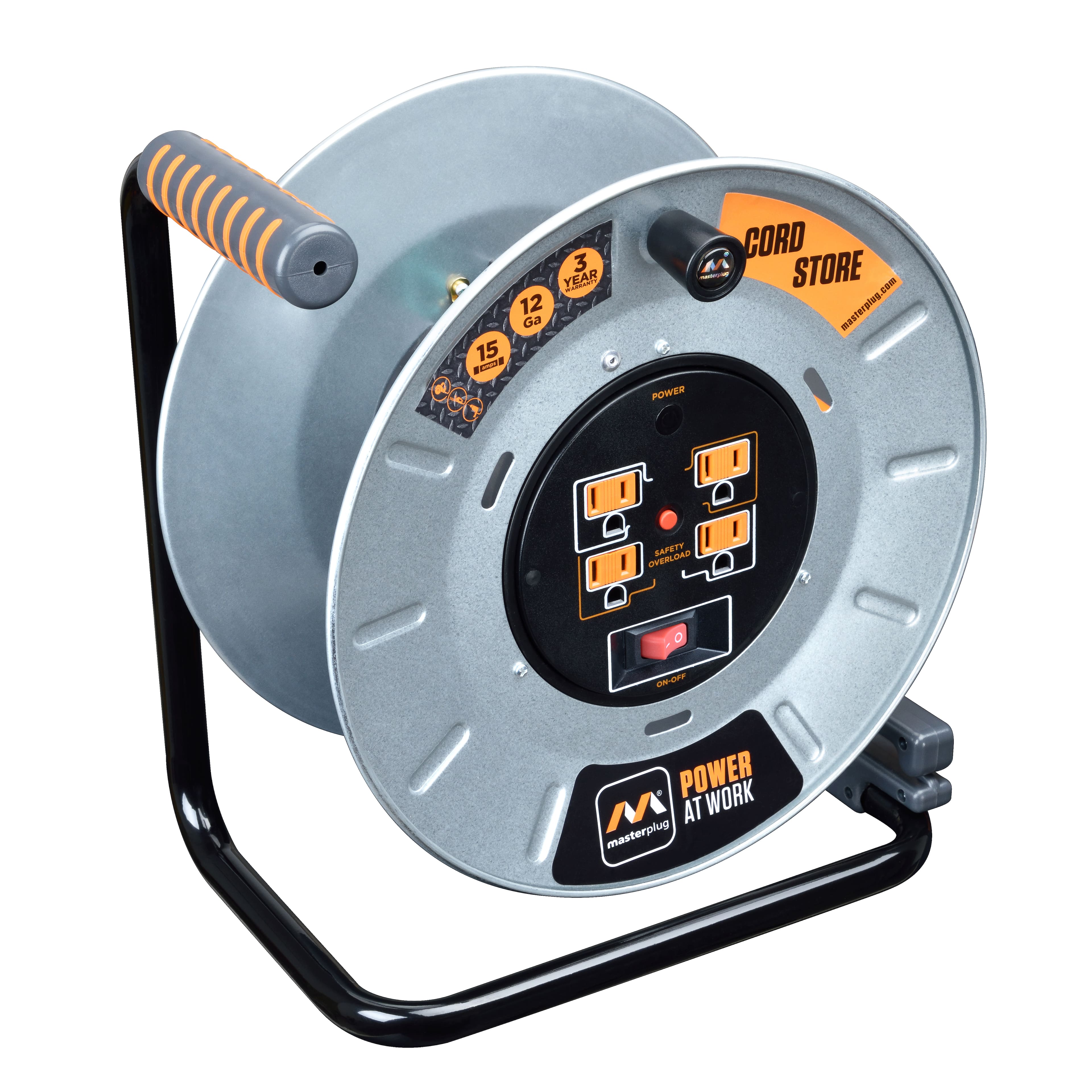 Alt View 15. Masterplug - 1Ft 4 Sockets 15A 12AWG Large Open Metal Reel - Metal & Orange.