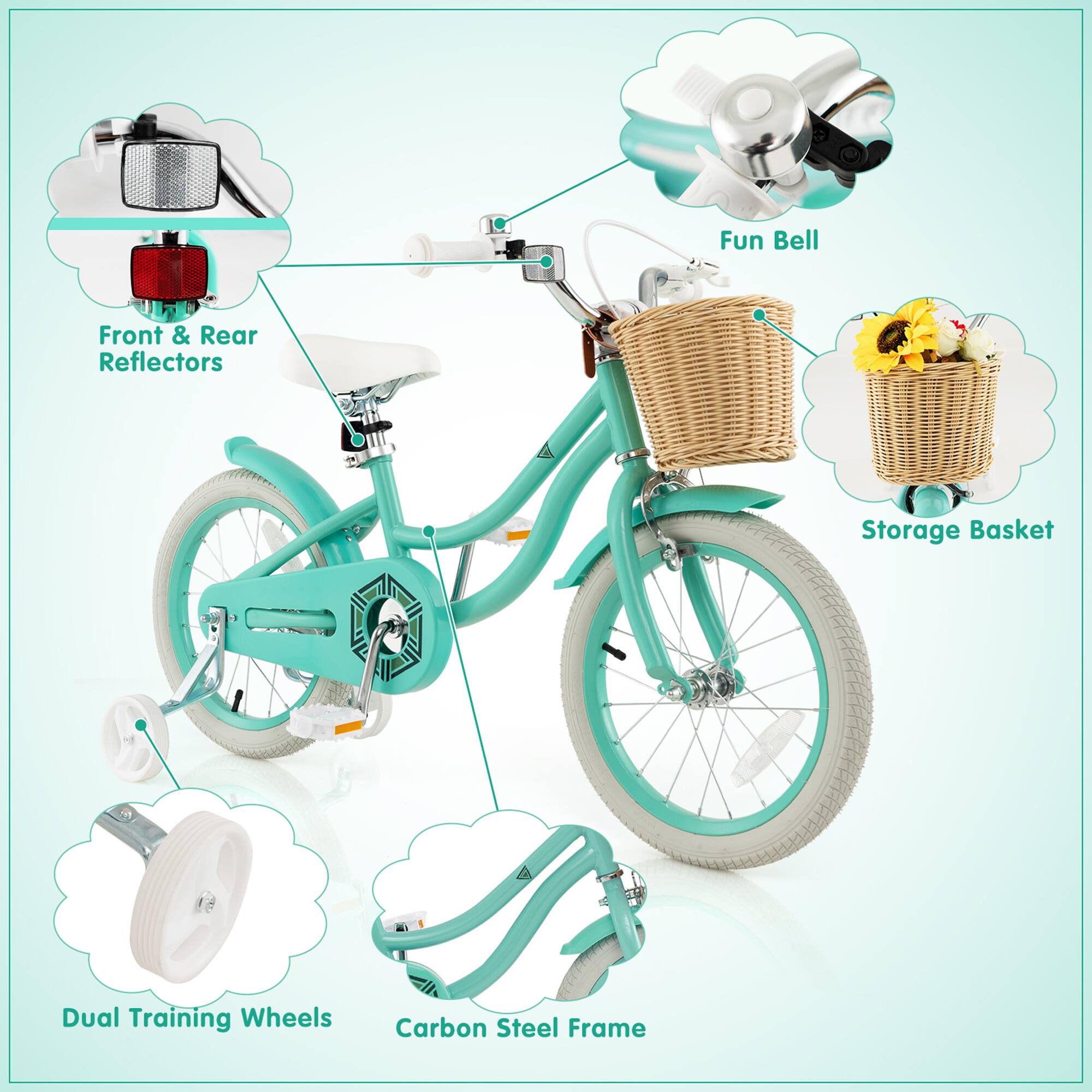 - Fun Bell
- Front & Rear Reflectors
- Storage Basket
- Dual Training Wheels
- Carbon Steel Frame
