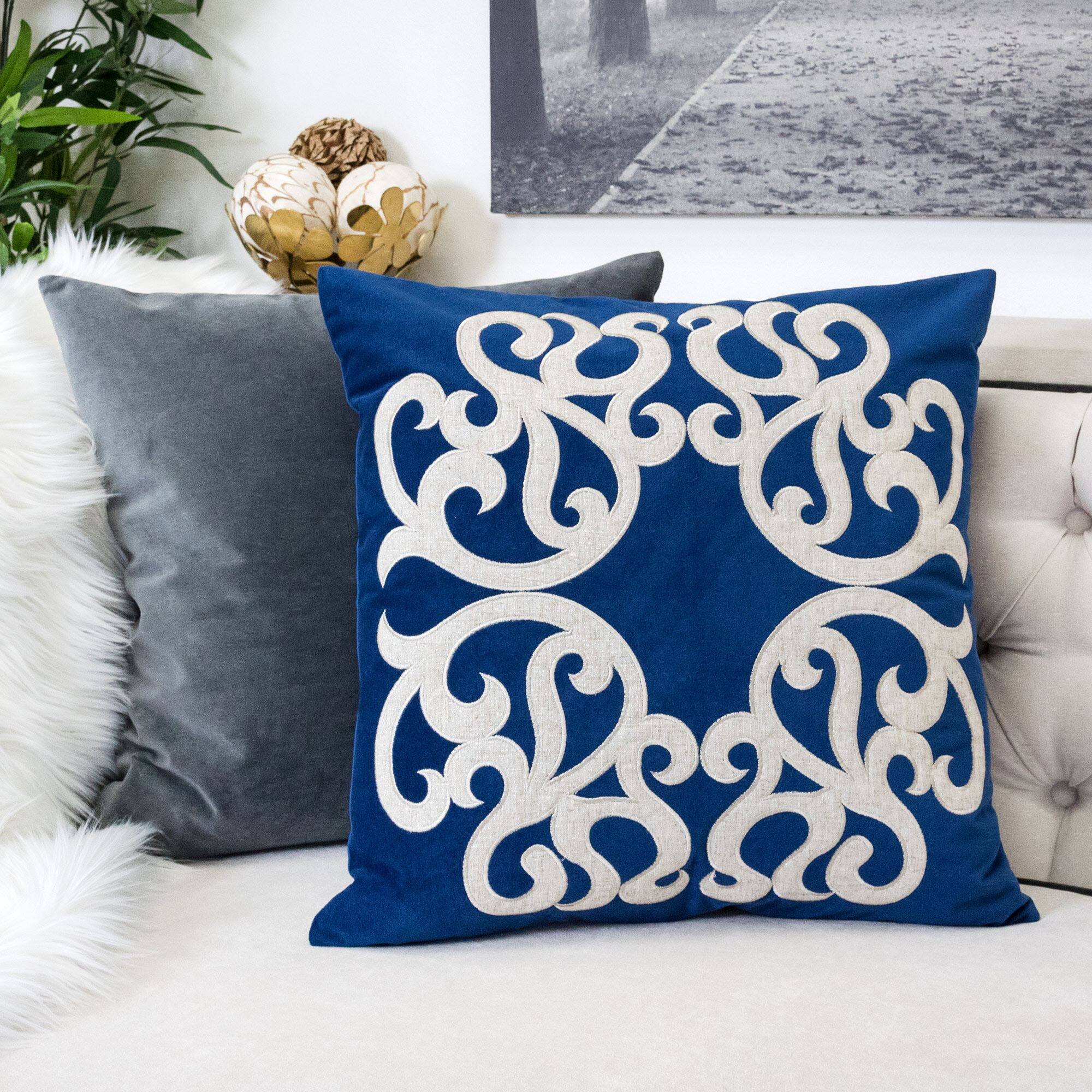 Angle. LuXeo - Square Velvet Pillow Cover & Insert - INDIGO.