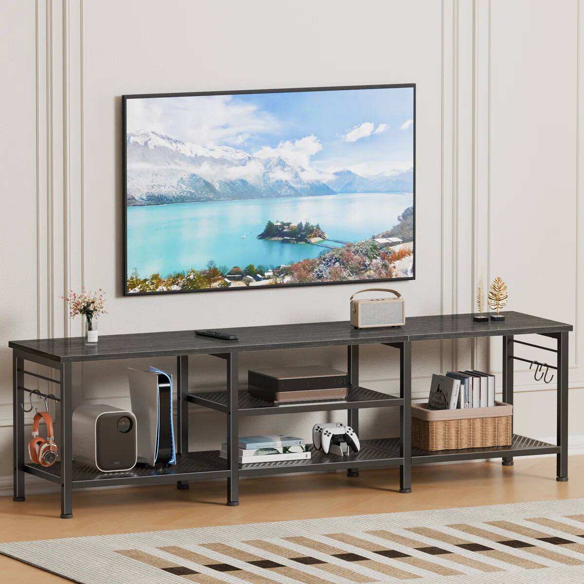 Alt View 4. Furnulem - 63 Inch TV Stand Media Console Table Entertainment Center with Open Storage Shelves Soundbar Shelf for Living Room Decor - Black.