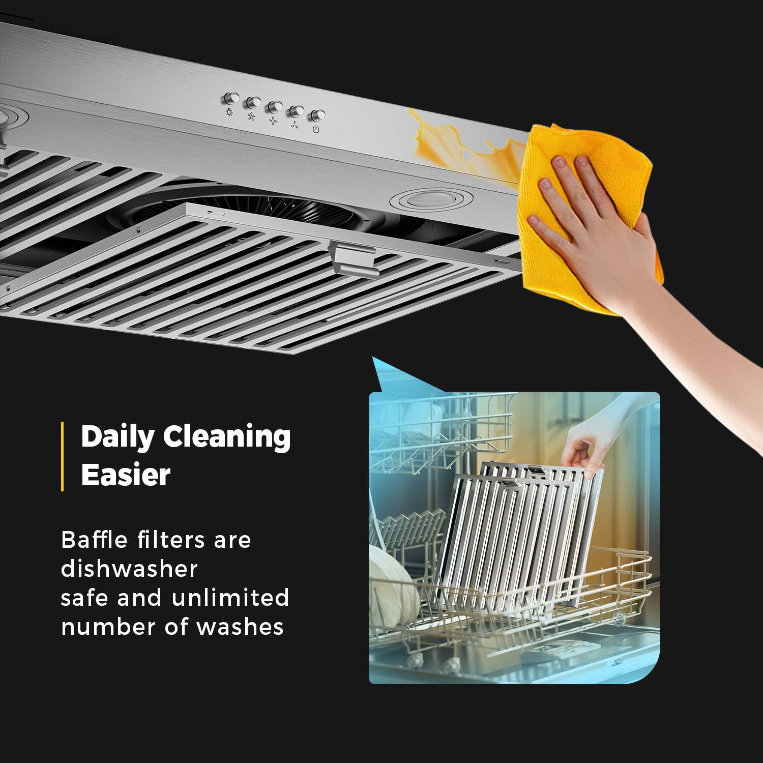 Daily Cleaning Easier: Baffle filters are dishwasher safe and provide an unlimited number of washes.