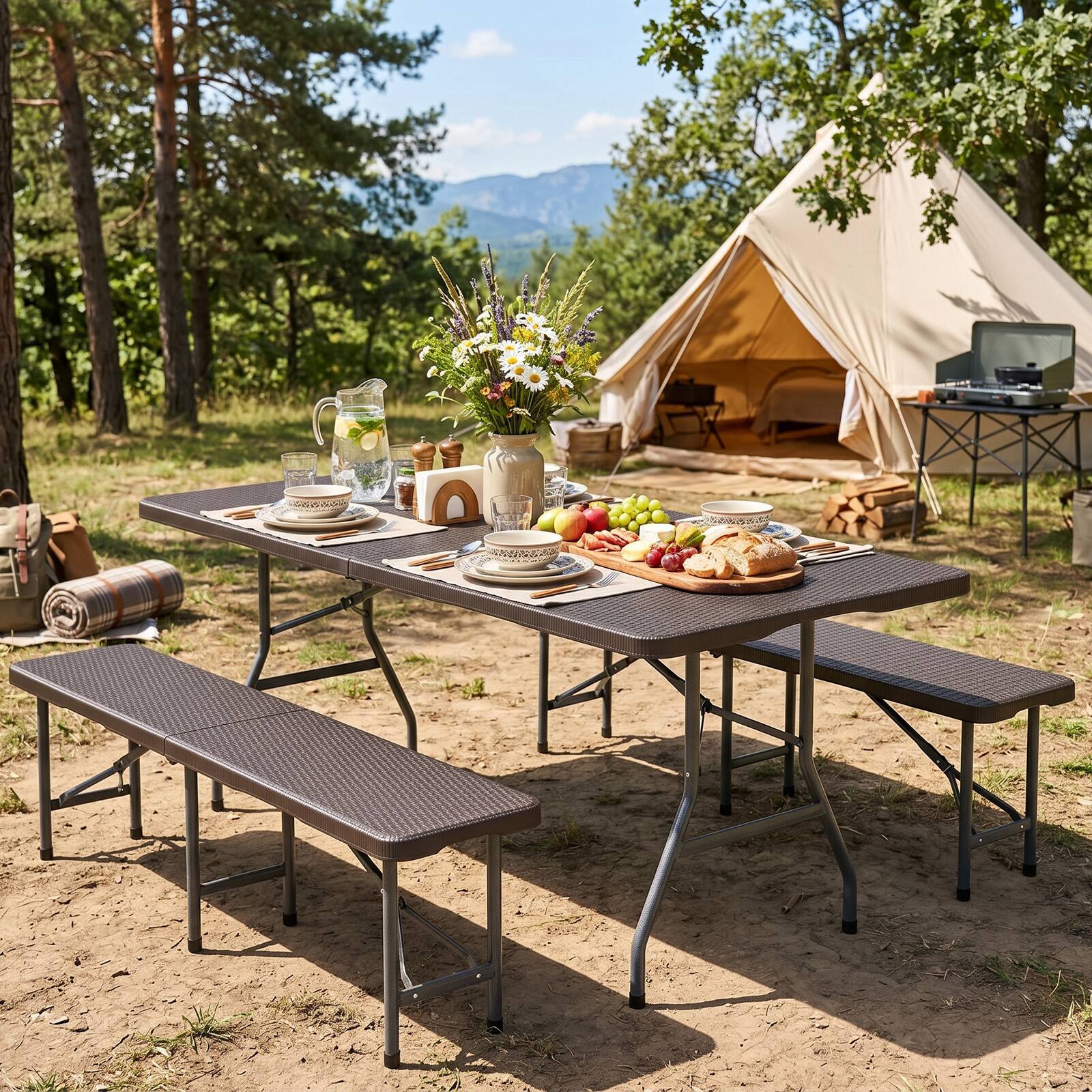 Alt View 3. Costway - Costway Indoor Portable Utility Table with Metal Legs Rattan-like Tabletop - Coffee.