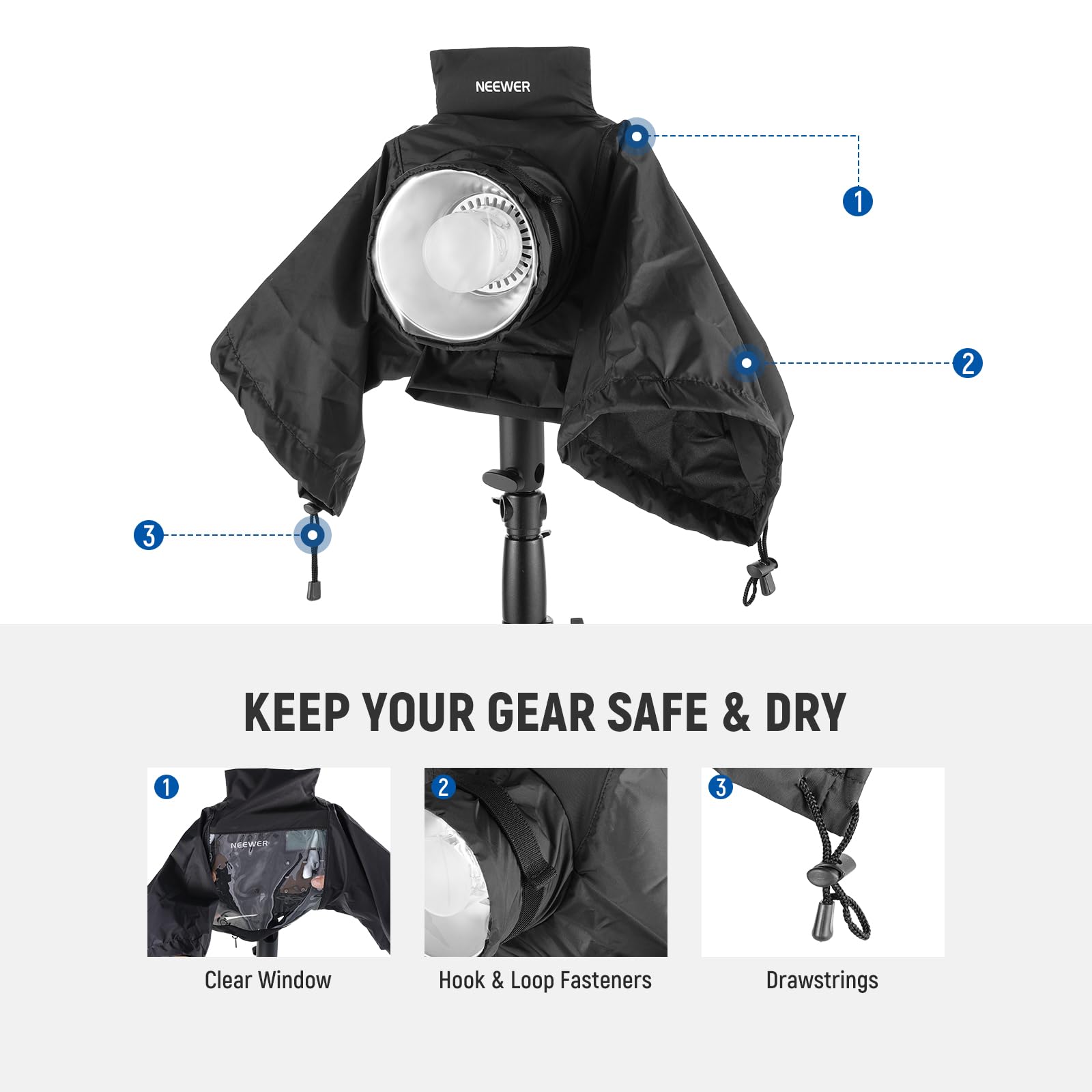 NEEWER 1 2 3 KEEP YOUR GEAR SAFE & DRY 1 2 3 Clear Window Hook & Loop Fasteners Drawstrings