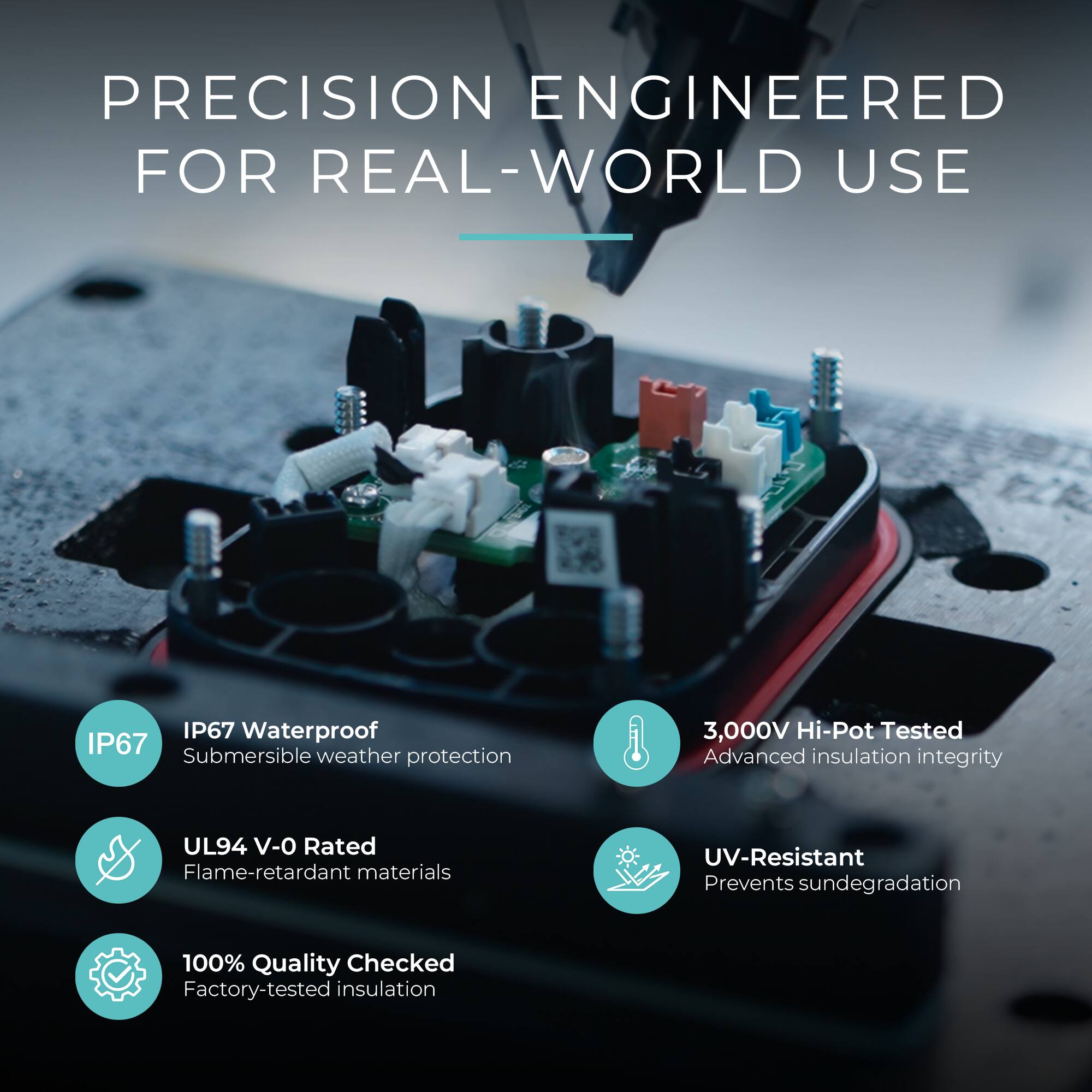 PRECISION ENGINEERED FOR REAL-WORLD USE

- IP67 Waterproof
  Submersible weather protection

- 3,000V Hi-Pot Tested
  Advanced insulation integrity

- UL94 V-0 Rated
  Flame-retardant materials

- UV-Resistant
  Prevents sun degradation

- 100% Quality Checked
  Factory-tested insulation