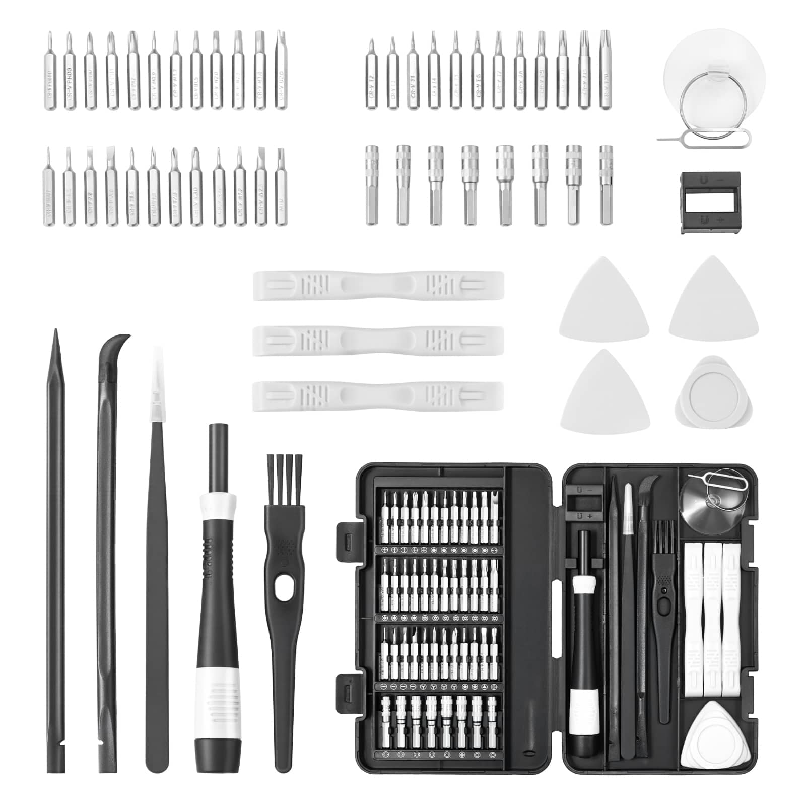 Front. VEVOR - Screwdriver Set, 59-Piece Small Precision Screwdriver Set with Phillips, Flat Head, Torx, Pentalobe Bits, Tweezer - Black+Grey+Transparent.