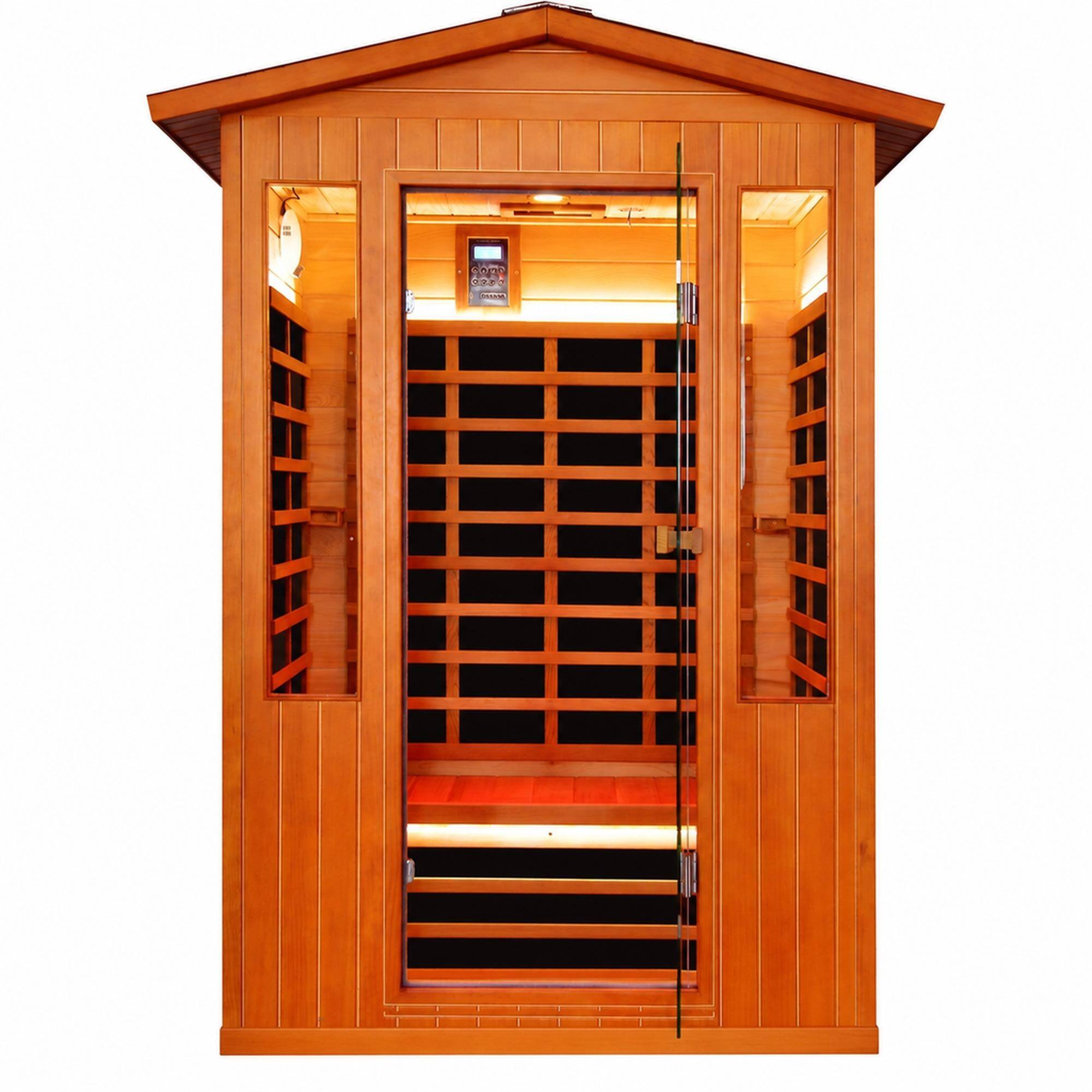 Front. RYHNUYNE - 2 Person Outdoor Sauna Room, Fir and Red Cedar Wood, 2000W Heater, 8 Heating Plates, 65 degreesC Max, LED Lights - Ameican White Oak.