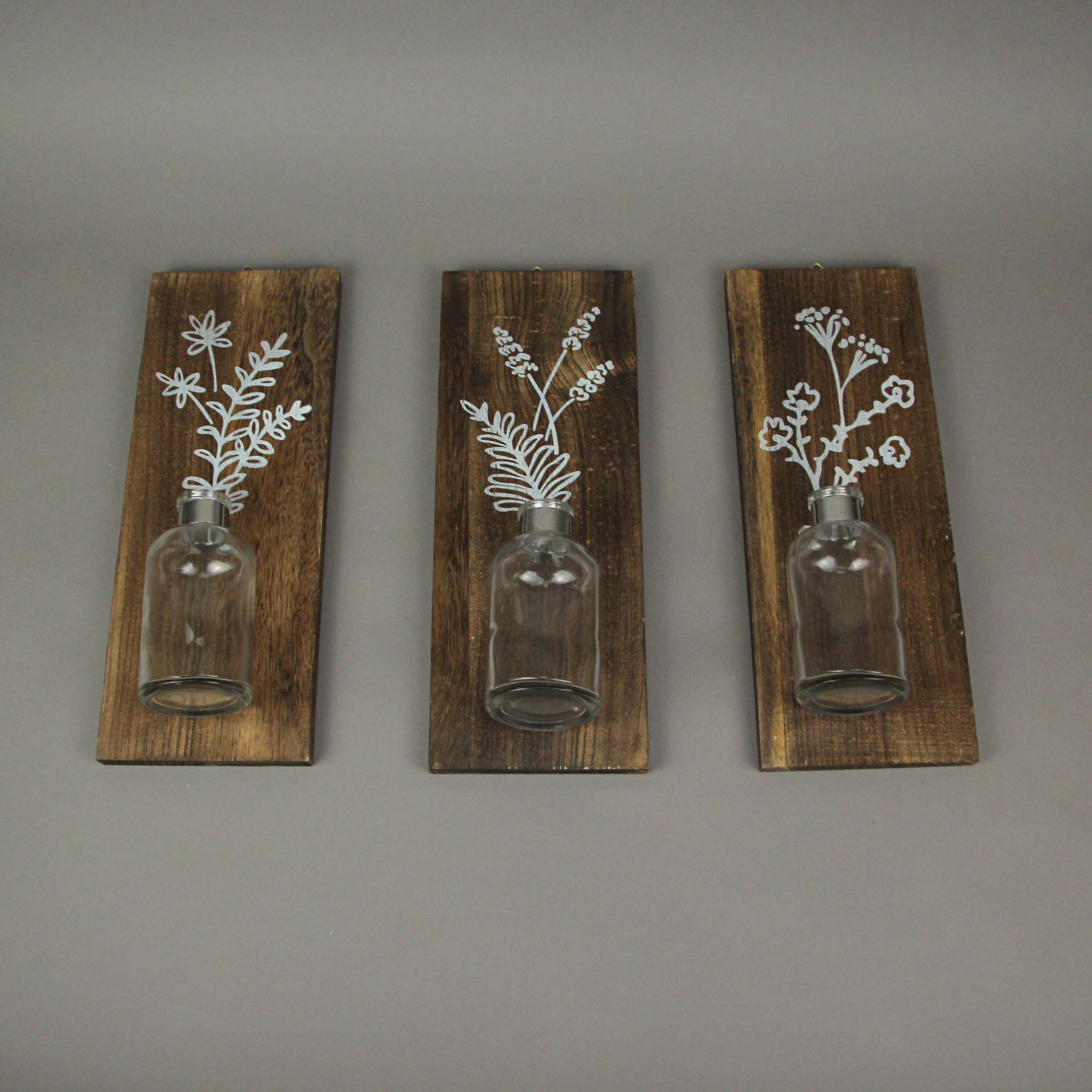 Alt View 3. Zeckos - Set of 3 Wood Framed Glass Bottle Wall Vases Bohemian Style Boho Decor - Brown.