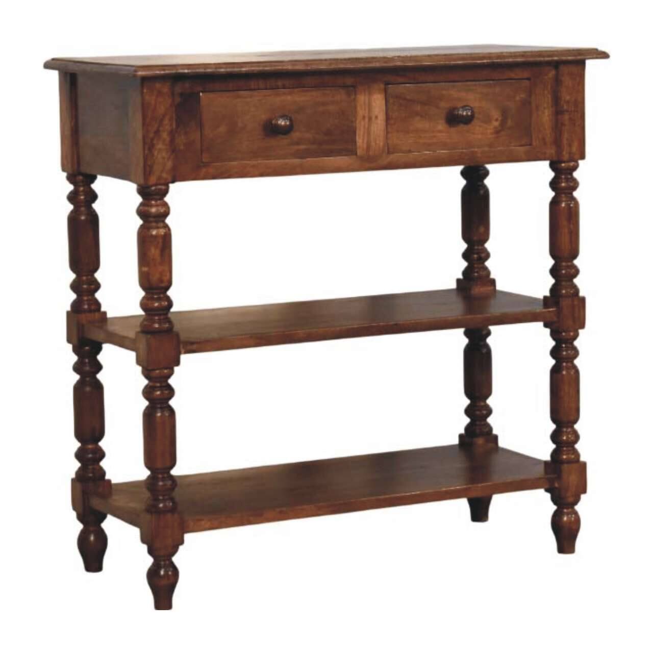 Back. Artisan Furniture - Turned Leg Side Table with Shelves, 2 Drawers, Brown - Brown.