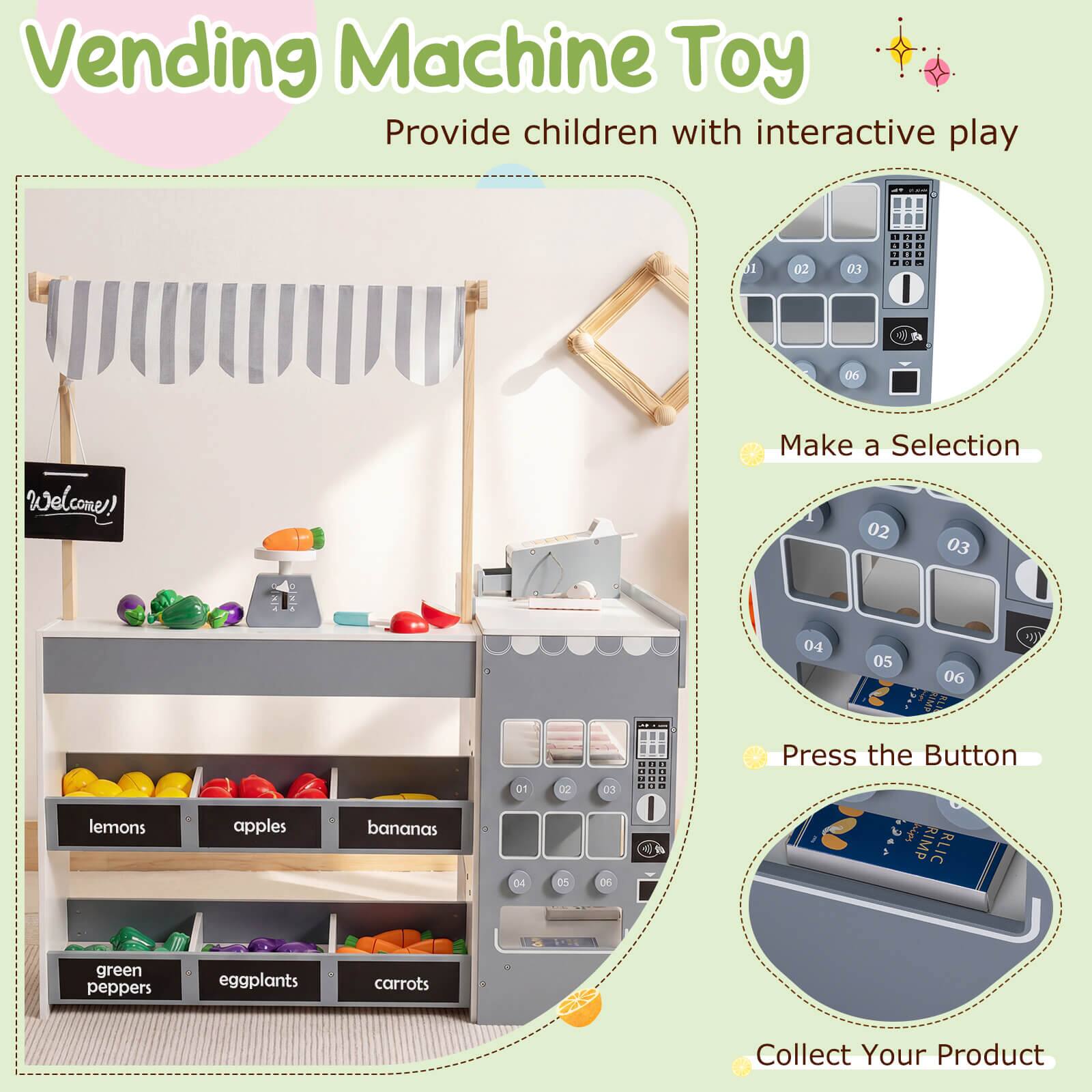 Vending Machine Toy  
Provide children with interactive play

1. Make a Selection
2. Press the Button
3. Collect Your Product

- lemons
- apples
- bananas
- green peppers
- eggplants
- carrots