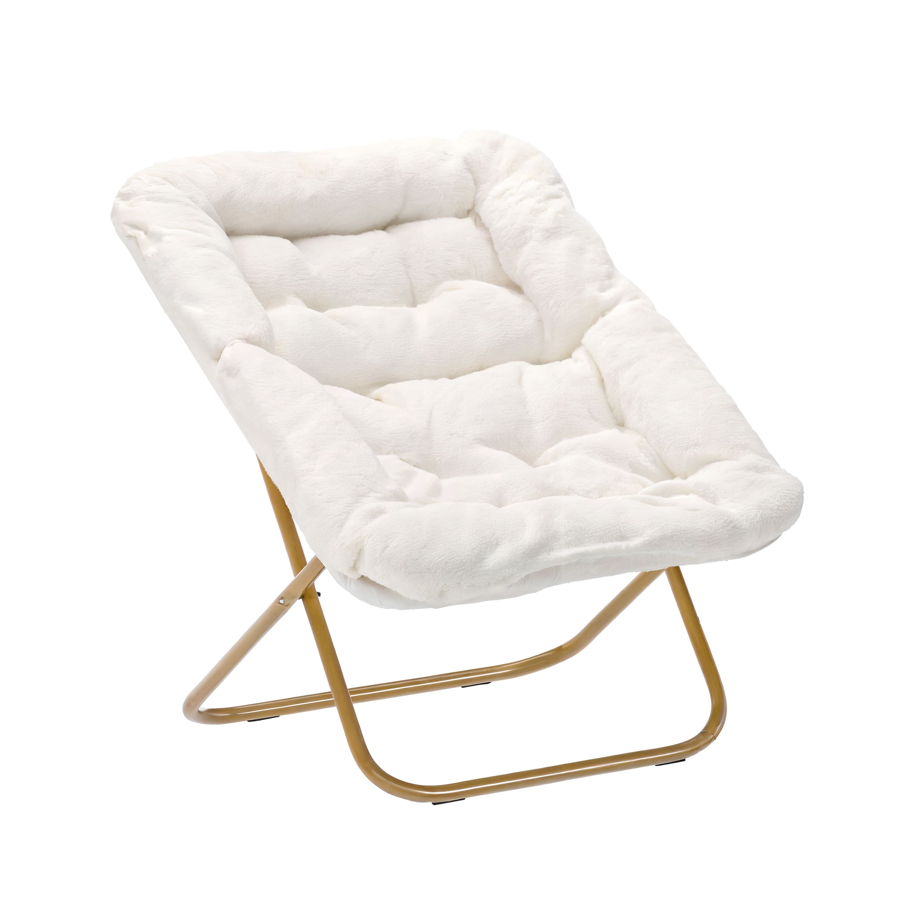 Emma + Oliver - Aisling Oversized Folding Saucer Chair for Dorm, Bedroom - Ivory Faux Shearling Fabric/Soft Gold Frame