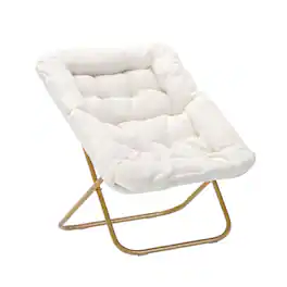 Emma + Oliver - Aisling Oversized Folding Saucer Chair for Dorm, Bedroom - Ivory Faux Shearling Fabric/Soft Gold Frame