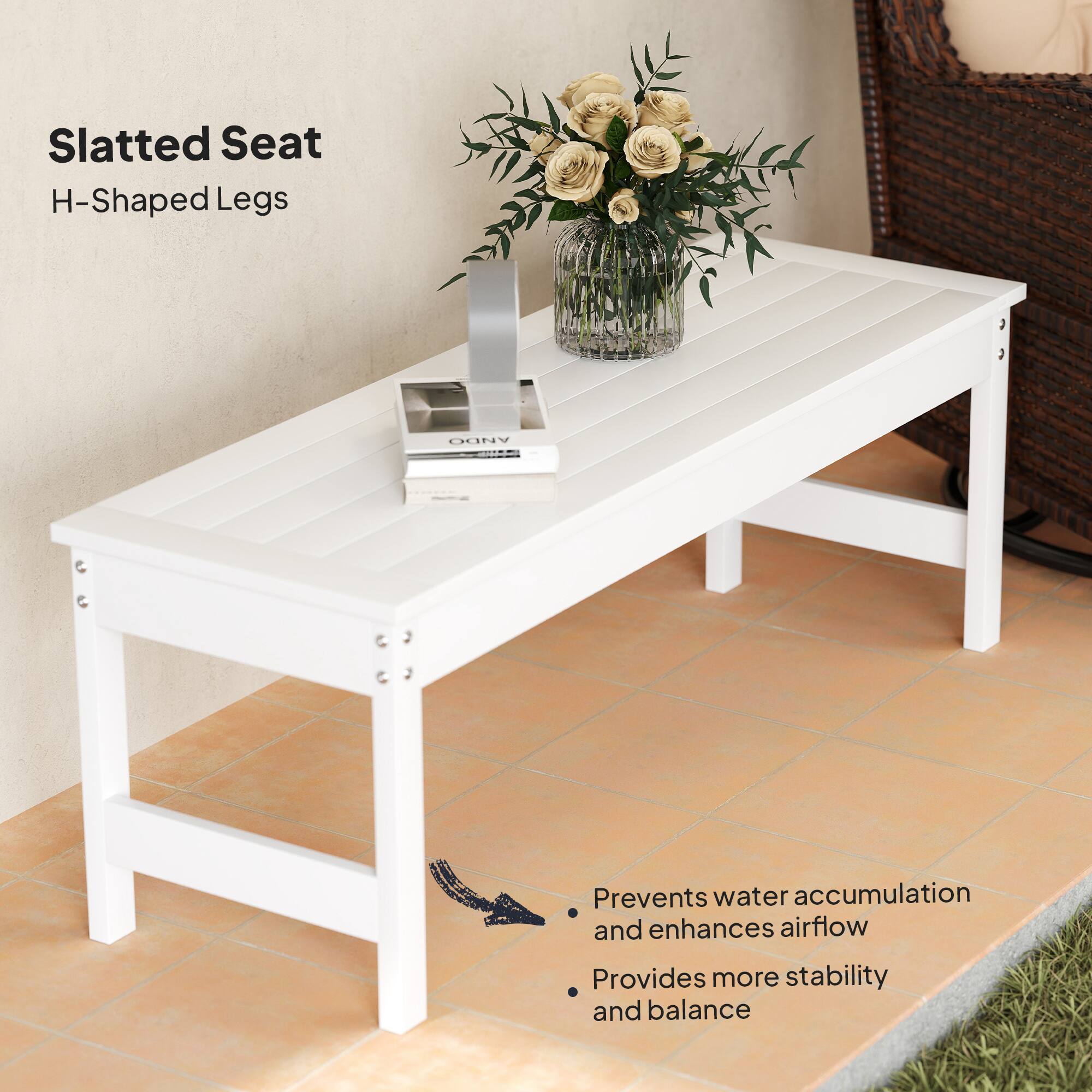 Slatted Seat H-Shaped Legs

Prevents water accumulation and enhances airflow
Provides more stability and balance