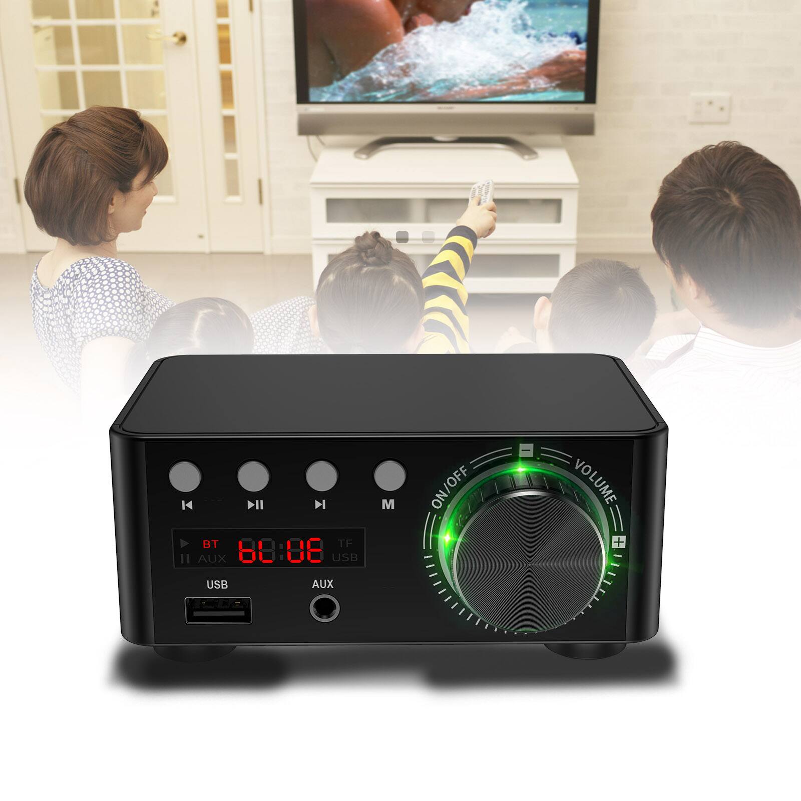 Sure, here is the corrected and grouped text from the image:

- BT
- TF
- USB
- AUX
- ON/OFF
- VOLUME
- USB
- AUX
- BT 60:06 TF USB
- II
- M