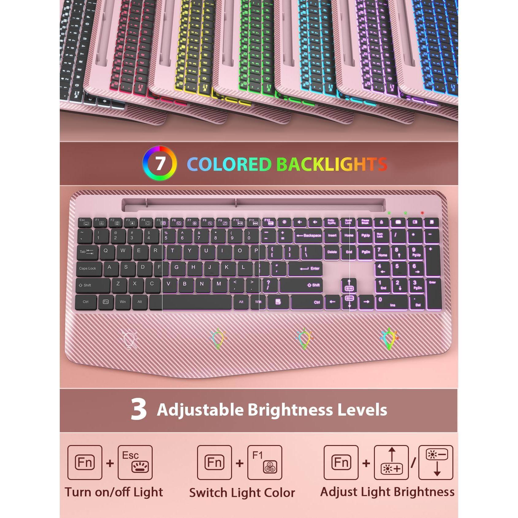 7 Colored Backlights

3 Adjustable Brightness Levels

- Fn + Esc: Turn on/off Light
- Fn + F1: Switch Light Color
- Fn + (Up/Down Arrow): Adjust Light Brightness