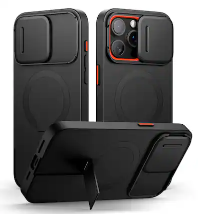 Front. SURITCH - Bumper Case for iPhone 15 Pro Max with Camera Cover, Kickstand,Compatible with MagSafe, Shockproof Slim Protective Cover - Aurora Black.