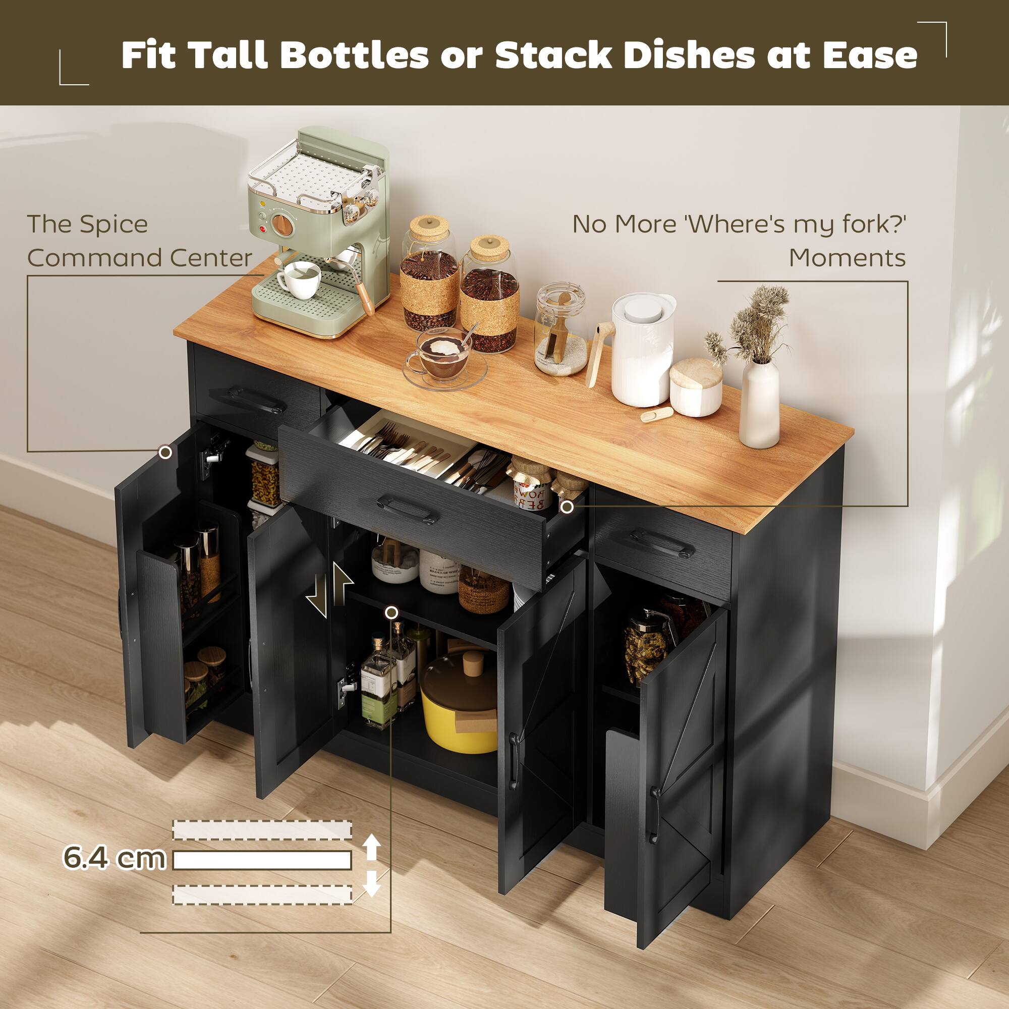 Fit Tall Bottles or Stack Dishes at Ease

The Spice Command Center

No More "Where's my fork?" Moments

6.4 cm