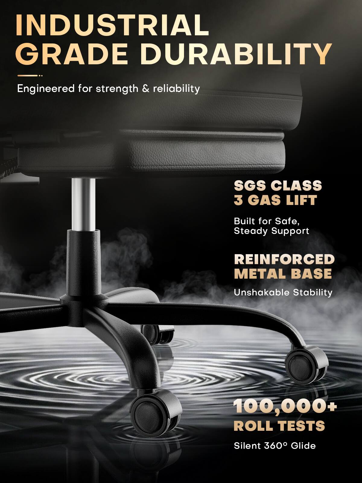 INDUSTRIAL GRADE DURABILITY  
Engineered for strength & reliability  

SGS CLASS 3 GAS LIFT  
Built for Safe, Steady Support  

REINFORCED METAL BASE  
Unshakable Stability  

100,000+ ROLL TESTS  
Silent 360° Glide