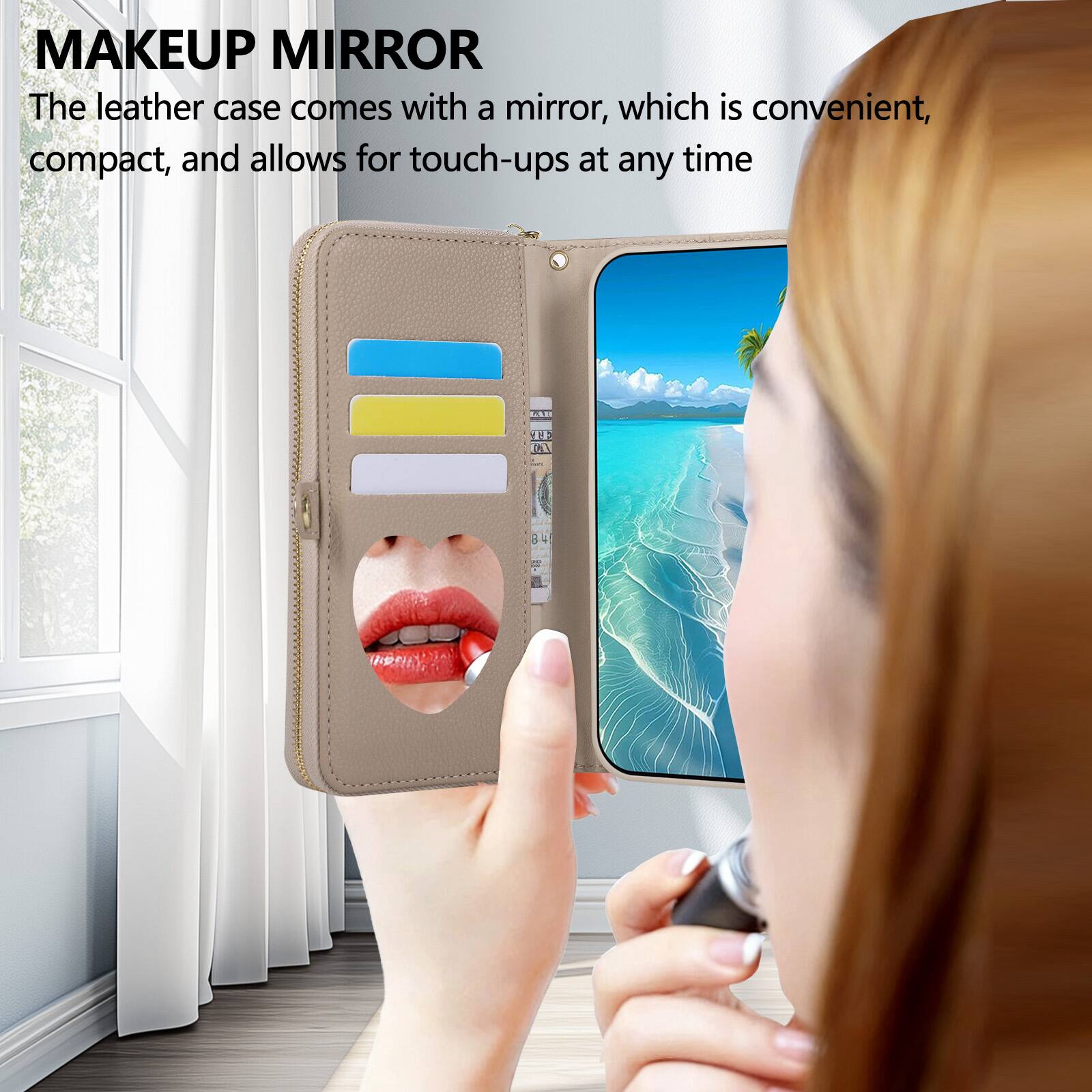 MAKEUP MIRROR  
The leather case comes with a mirror, which is convenient, compact, and allows for touch-ups at any time