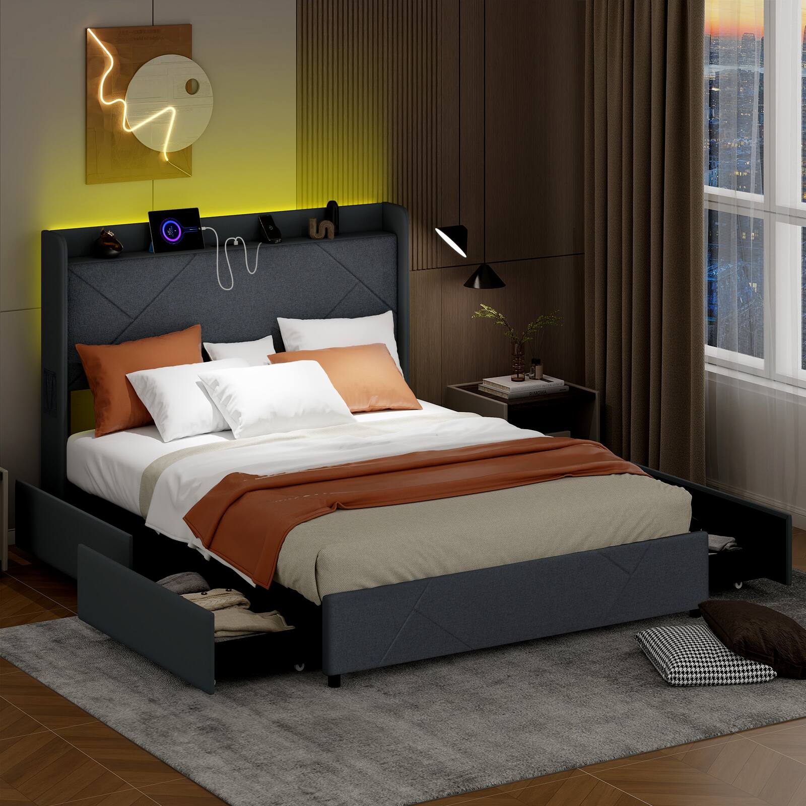 Alt View 5. LUCKY ONE - Queen Assembled Platform Bed Frame with LED Lights Charging Station Wingback Headboard Drawers - Grey-Queen.