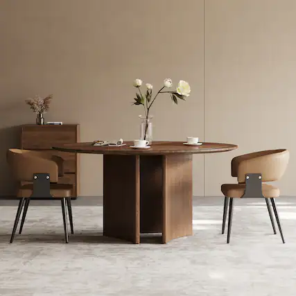 Front. luck idea - 59.05" Round Dining Table with Geometric Mosaic Tabletop and Half-Moon Base - Walnut color.