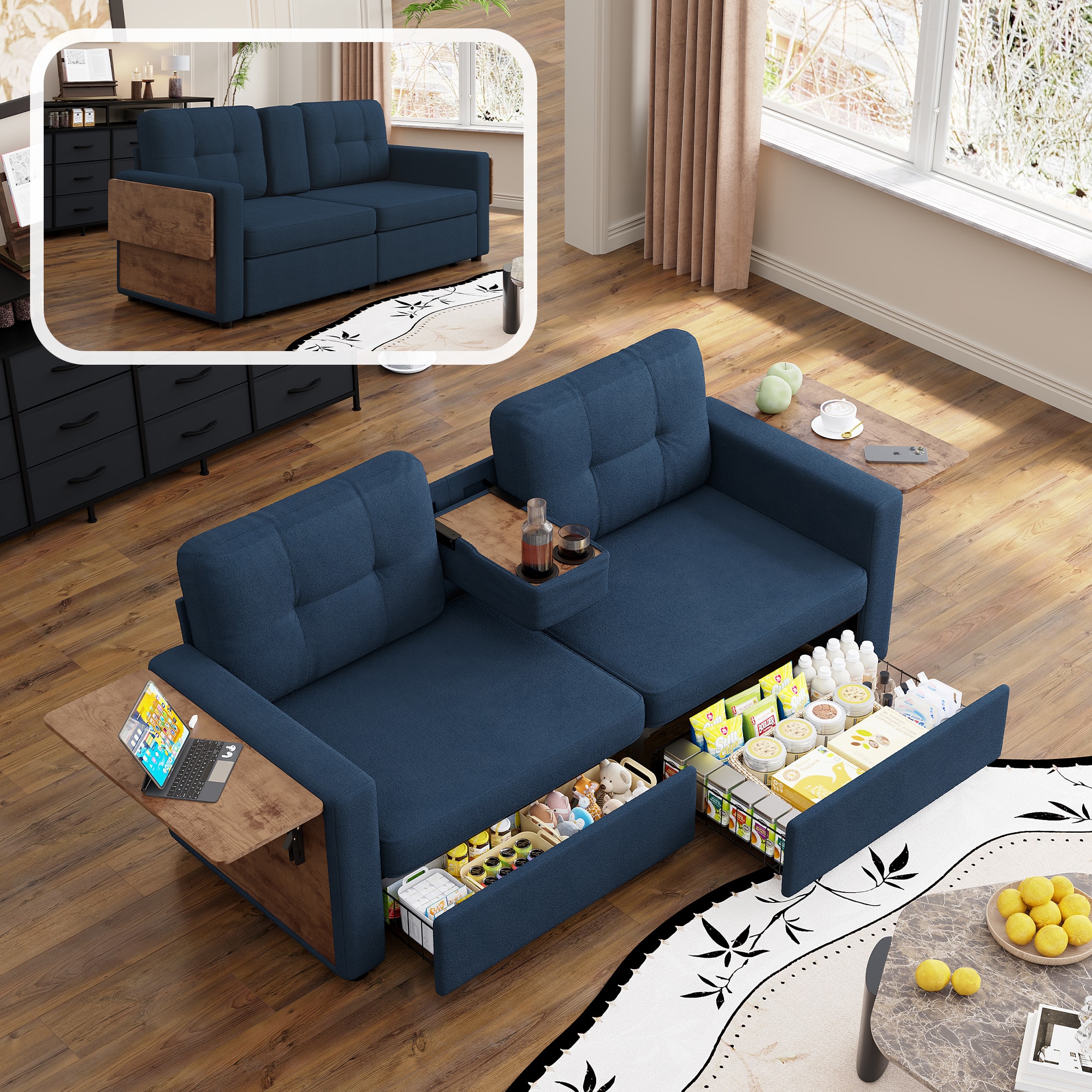 Anysun - 70.08" Chenille Fabric Loveseat Sofa with Pull-Out Storage Drawers, Foldable Side Tables & Cup Holder Console - Blue