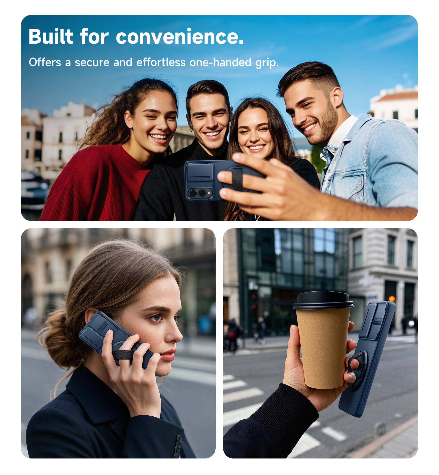 Built for convenience.  
Offers a secure and effortless one-handed grip.