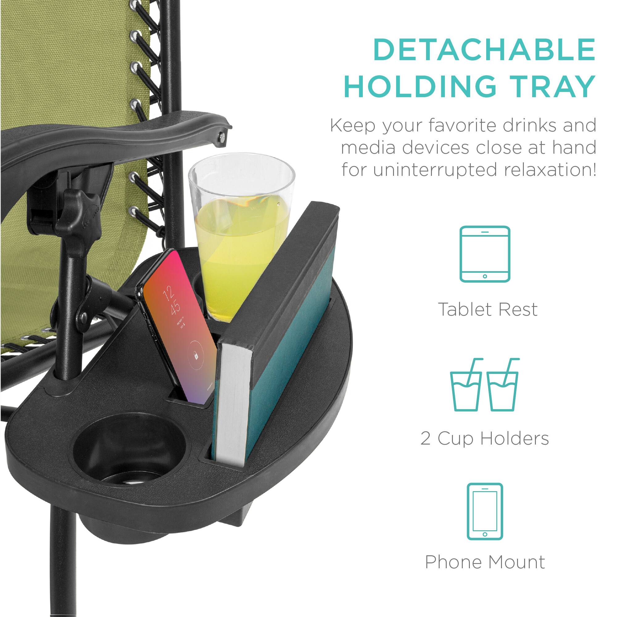 DETACHABLE HOLDING TRAY  
Keep your favorite drinks and media devices close at hand for uninterrupted relaxation!  

- Tablet Rest  
- 2 Cup Holders  
- Phone Mount