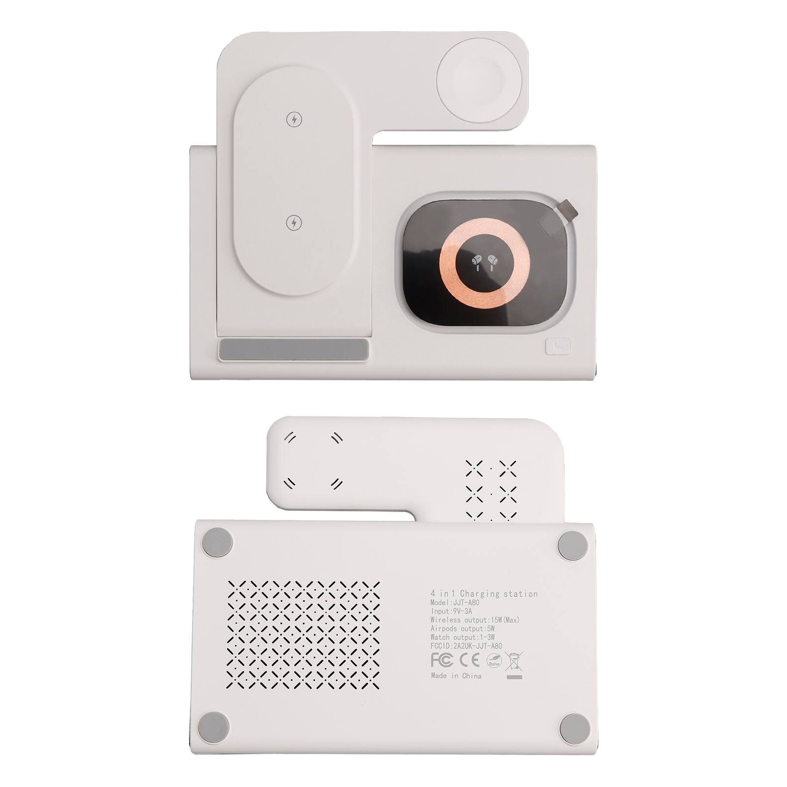 4 in 1 Charging station  
Rode JJT-ABO  
Input: 9V-3A  
Wireless output: 15W Max  
Airpods output: 5W  
Watch output: 1-3W  
FCID: 2A2UK-JUT-A8O  
FC CE  
Made in China