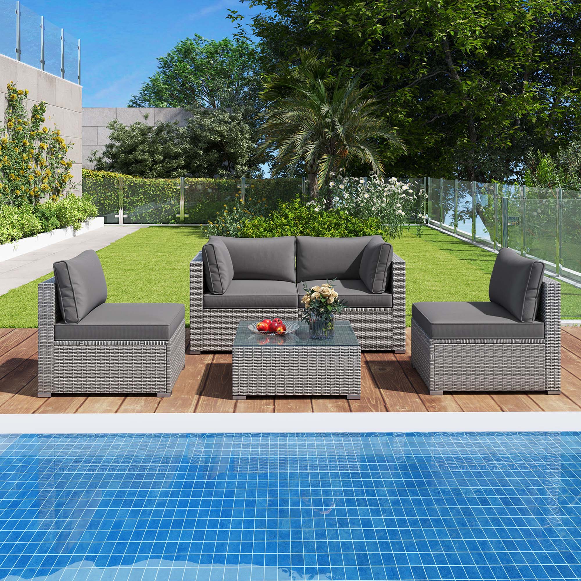 Alt View 3. Costway - Costway 5 PCS Outdoor Patio Sectional Sofa Couch PE Rattan Conversation Set - Gray.