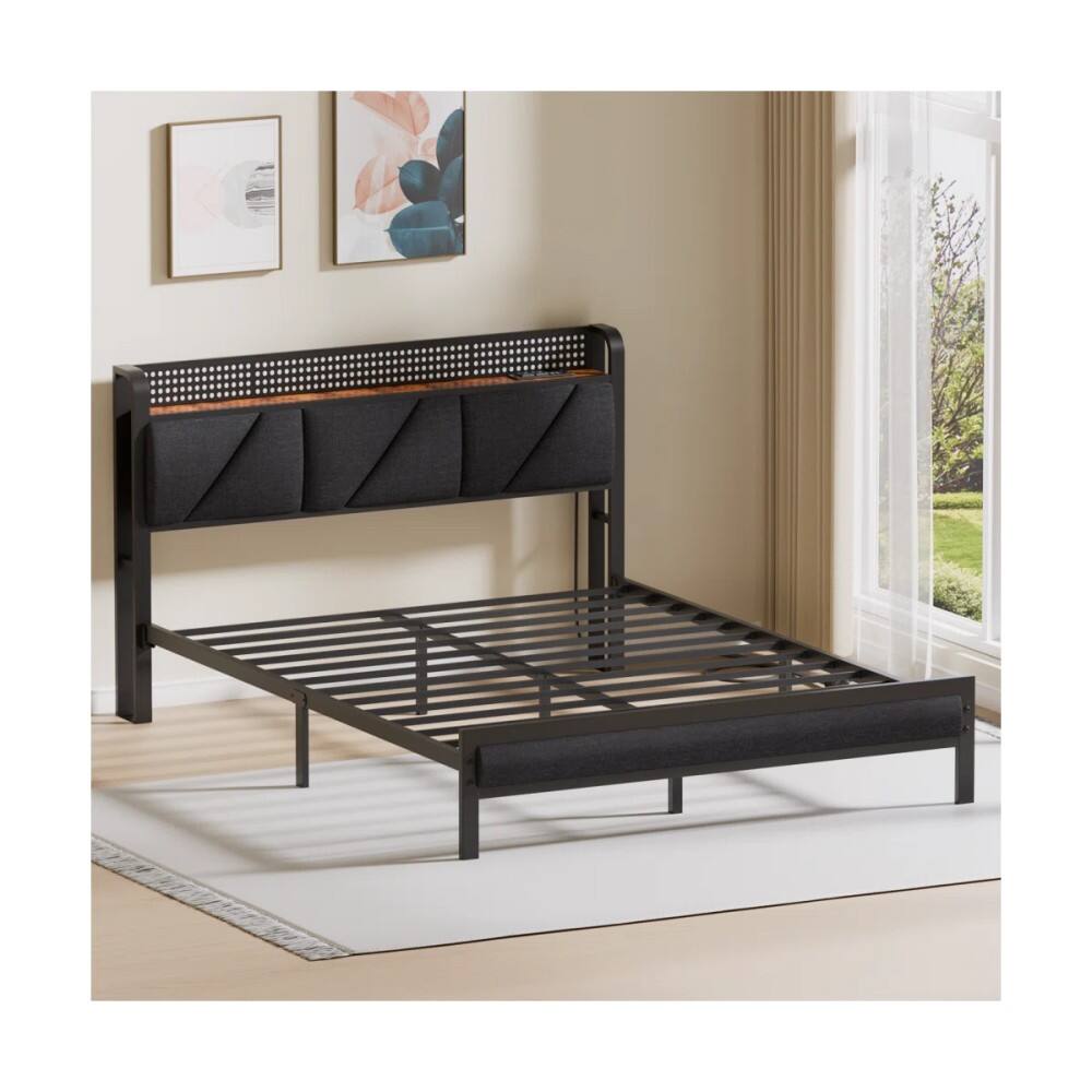 Left. Furnulem - Queen Upholstered Bed Frame with LED Lights, Headboard with Charging Station - Brown.