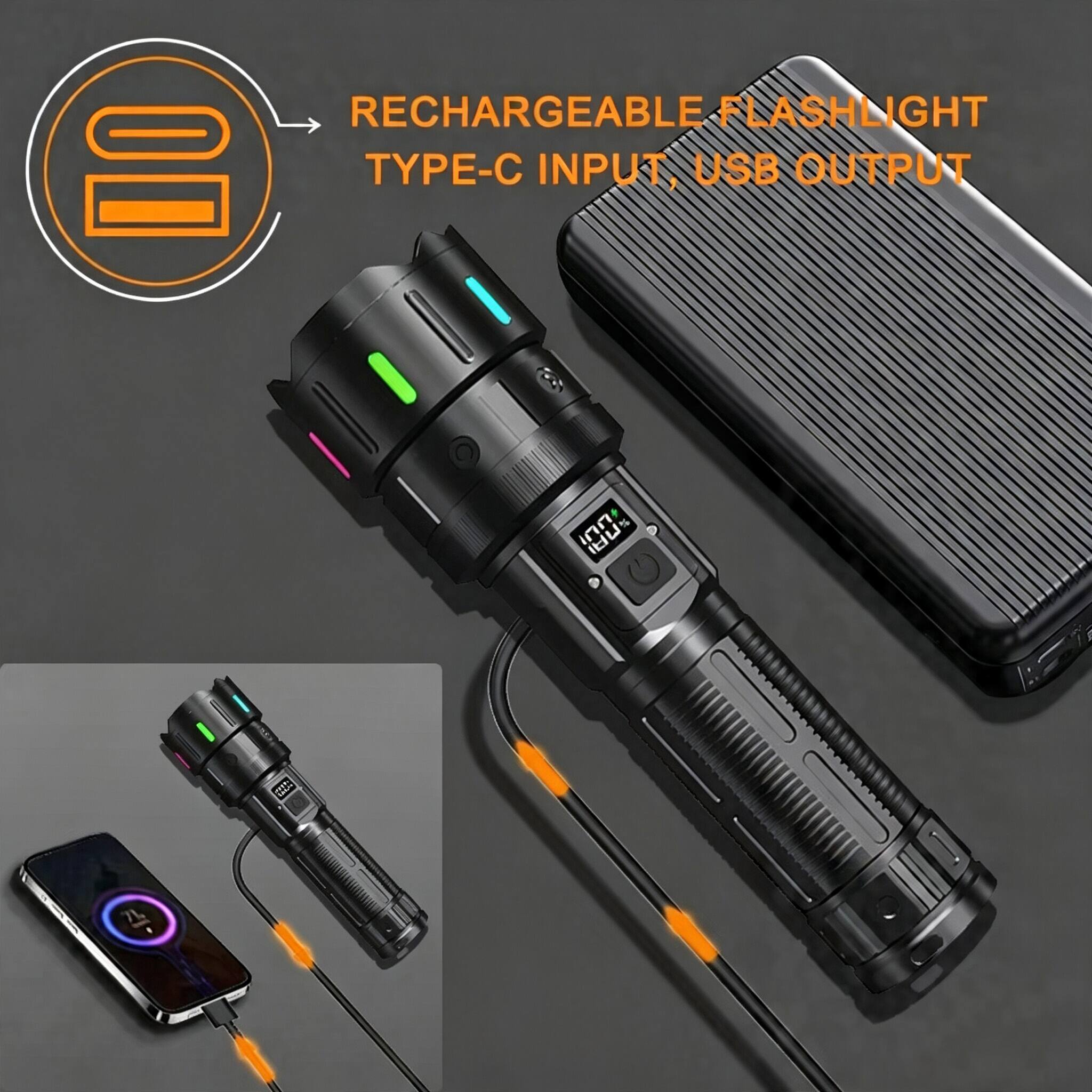 RECHARGEABLE FLASHLIGHT = TYPE-C INPUT, USB OUTPUT