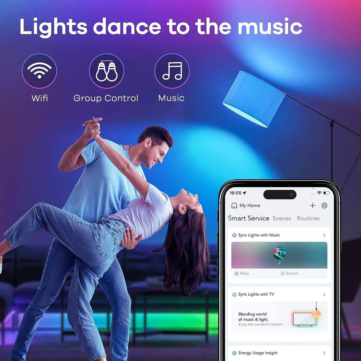 Lights dance to the music, Wifi, Group Control, Music, 16:05, My Home + Smart Service, Scenes, Routines, Sync Lights with Music, L Disco #I, Smooth Sync Lights with TV, Blending world of music & light. Enjoy the wonderful rhythm, Energy Usage Insight.