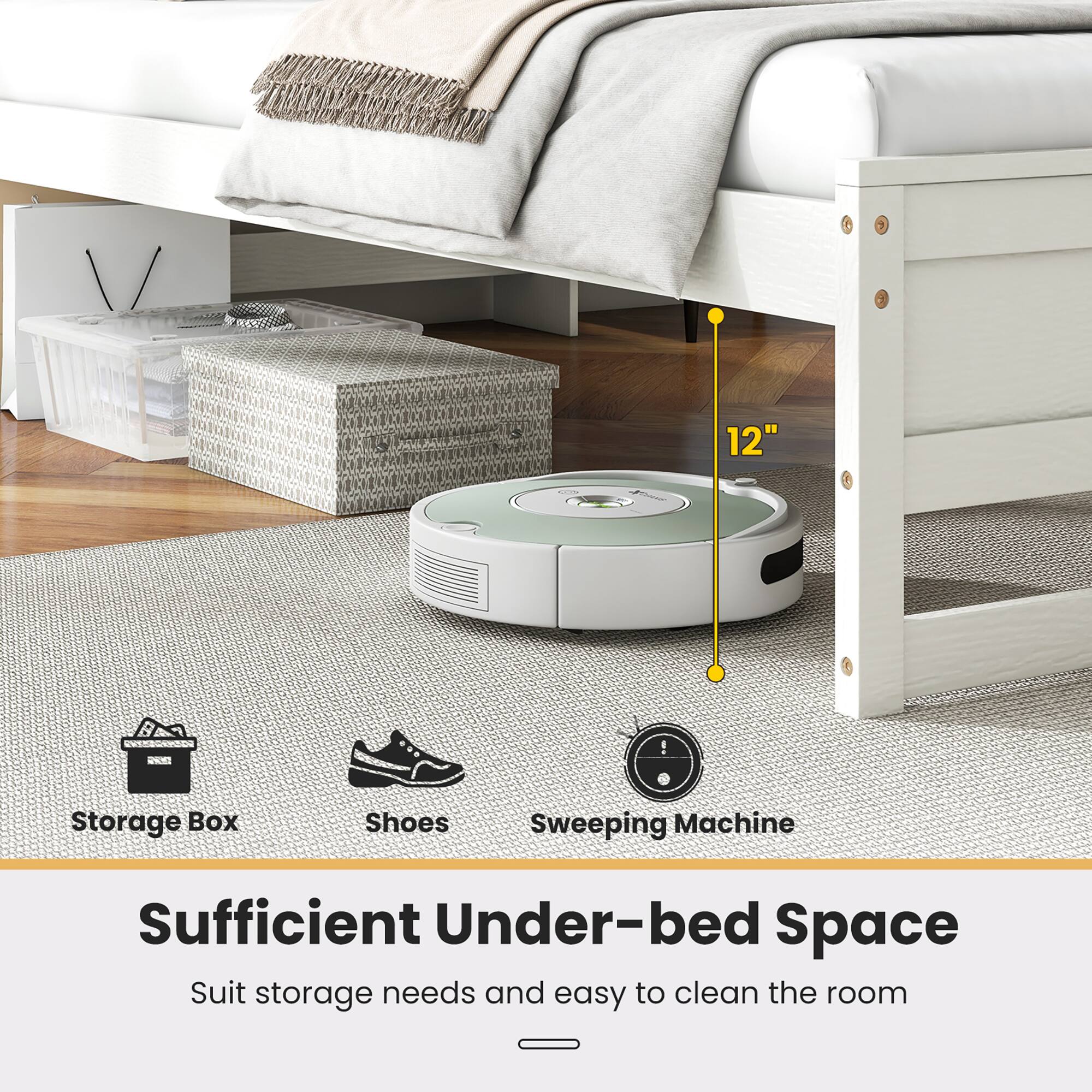 Sufficient Under-bed Space, Suit storage needs and easy to clean the room, 12", Storage Box, Shoes, Sweeping Machine