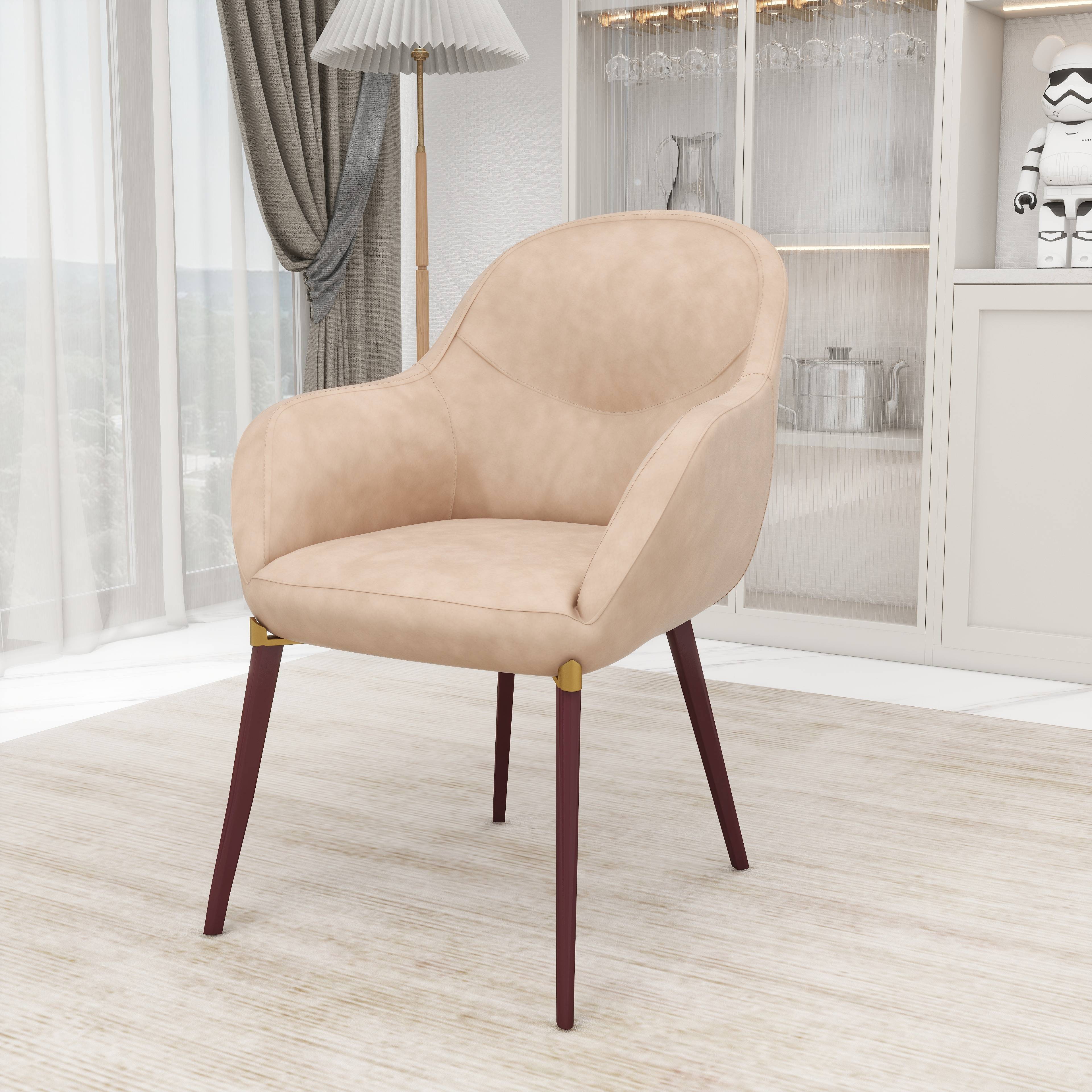 Angle. LeisureMod - Elias Barrel-Back Dining Armchair, Velvet/Leather Accent Chair with Gold Brackets & Wood-Look Legs - Light Taupe.