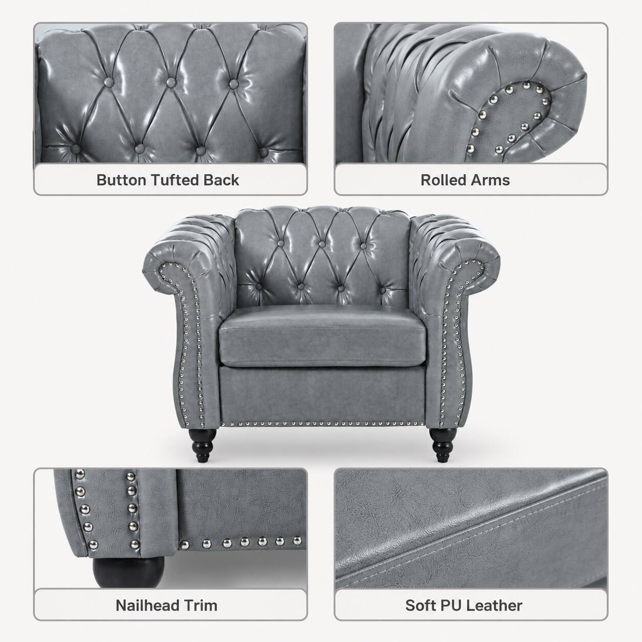 Button Tufted Back, Rolled Arms, Nailhead Trim, Soft PU Leather