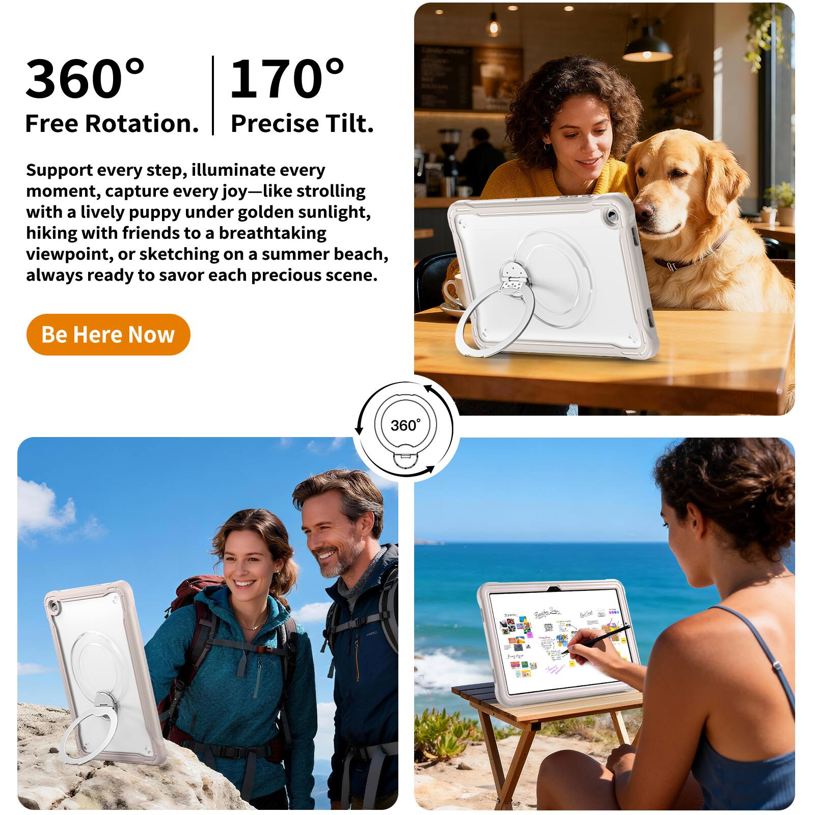 360° Free Rotation.  
170° Precise Tilt.  

Support every step, illuminate every moment, capture every joy—like strolling with a lively puppy under golden sunlight, hiking with friends to a breathtaking viewpoint, or sketching on a summer beach, always ready to savor each precious scene.  

Be Here Now